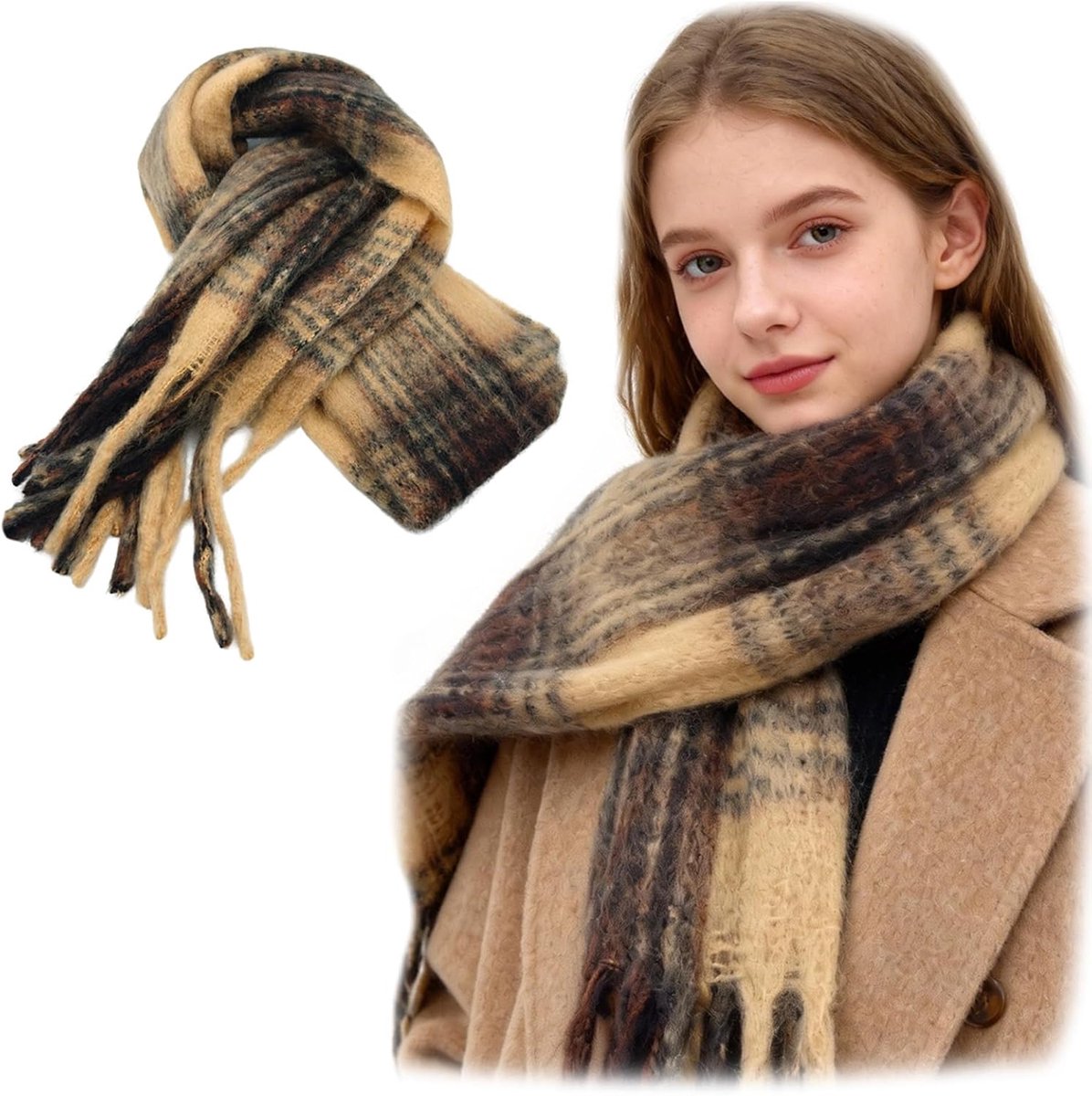 Sjaal voor dames, warme zachte wintersjaal met kwastjes, dikke damessjaal elegant, lange bruine damessjaal, behaaglijk halswarmer, cadeau voor koud weer, Valentijnsdagcadeau