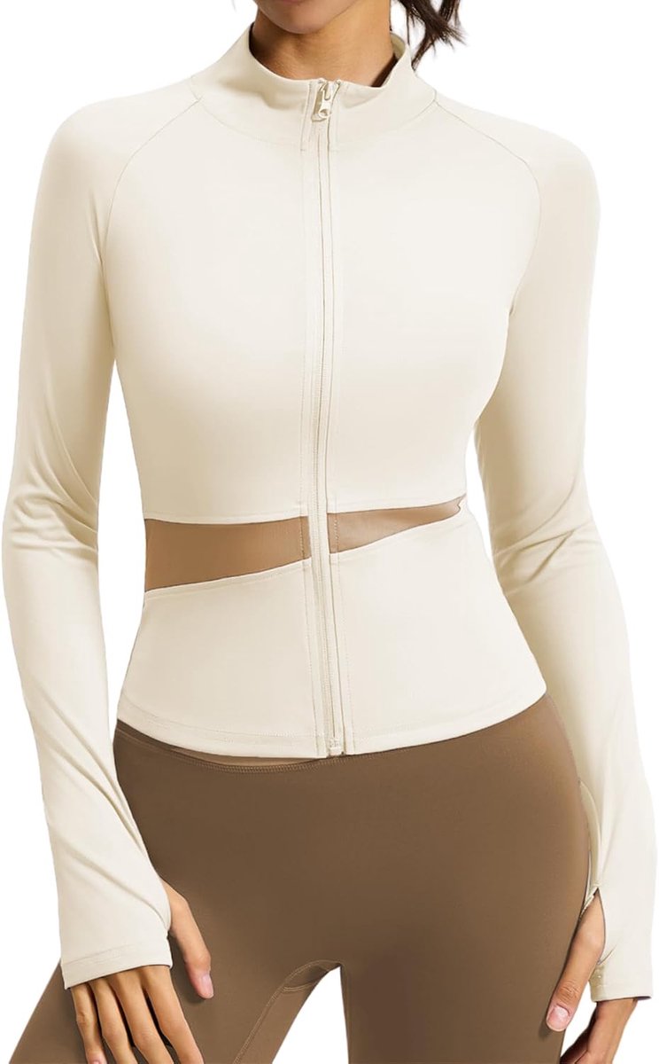 Sportjack voor dames, ademend, licht, hardloopjack, ritssluiting met lange mouwen, slim fit, elastisch, zacht, yoga-jack met duimgaten, hardlopen, sportschool, fitness, training