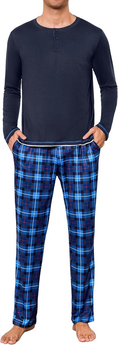 Pyjama voor heren, winter, nachtkleding, pyjamaset, ronde hals, lange mouwen en geruite broek, S-4XL