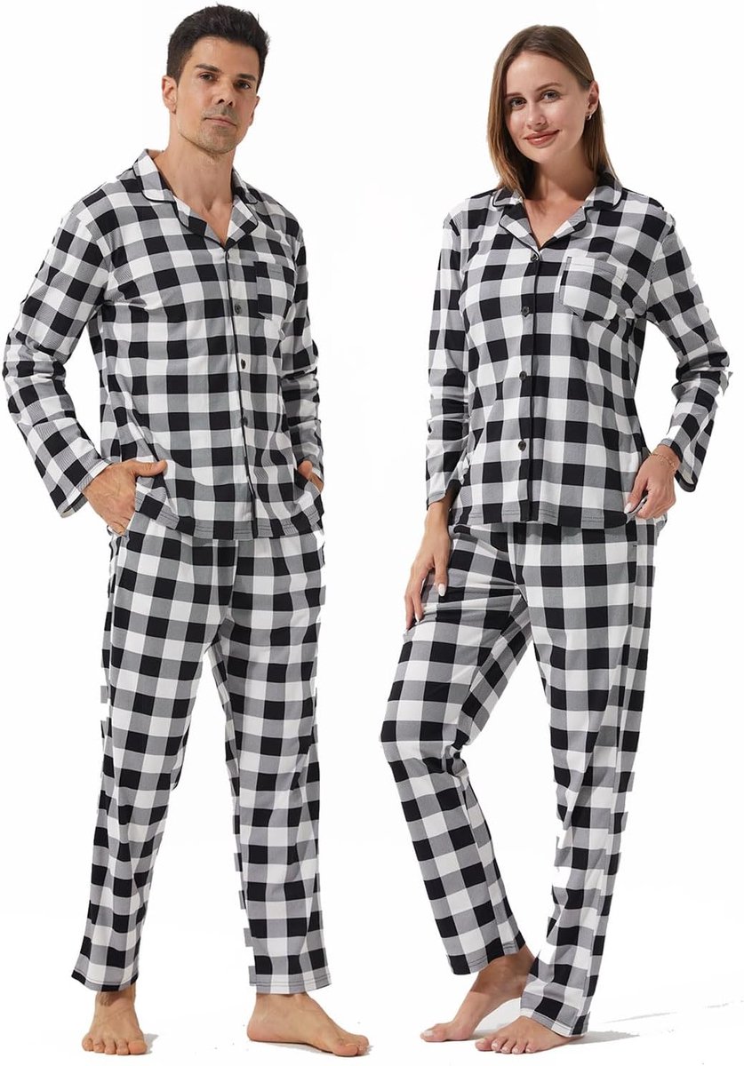 Pyjama voor heren en dames, partnerlook, pyjamaset, geruit, het hele jaar, tweedelig, huiskleding, comfortabele nachtkleding