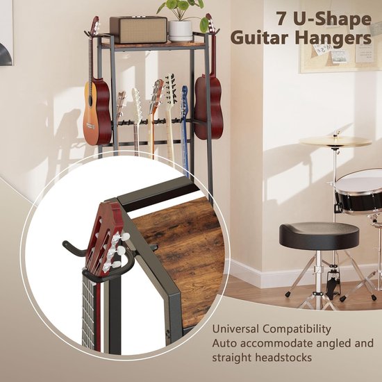2 verdiepingen gitaarhouder voor 5-7 akoestische gitaar, elektrische gitaar, bas, viool, ukelele, banjo platenspeler standaard, frame gitaaraccessoirestandaard (Zwart + Zwart) — afbeelding 5