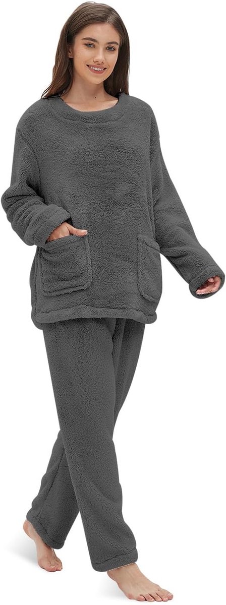 Koraalfleece Pyjamaset Voor Dames - Nachtkleding, Huiskleding, Bovendeel Met Lange Mouwen en Warme Broek, Pyjama Met Zakken, Maat S-2XL