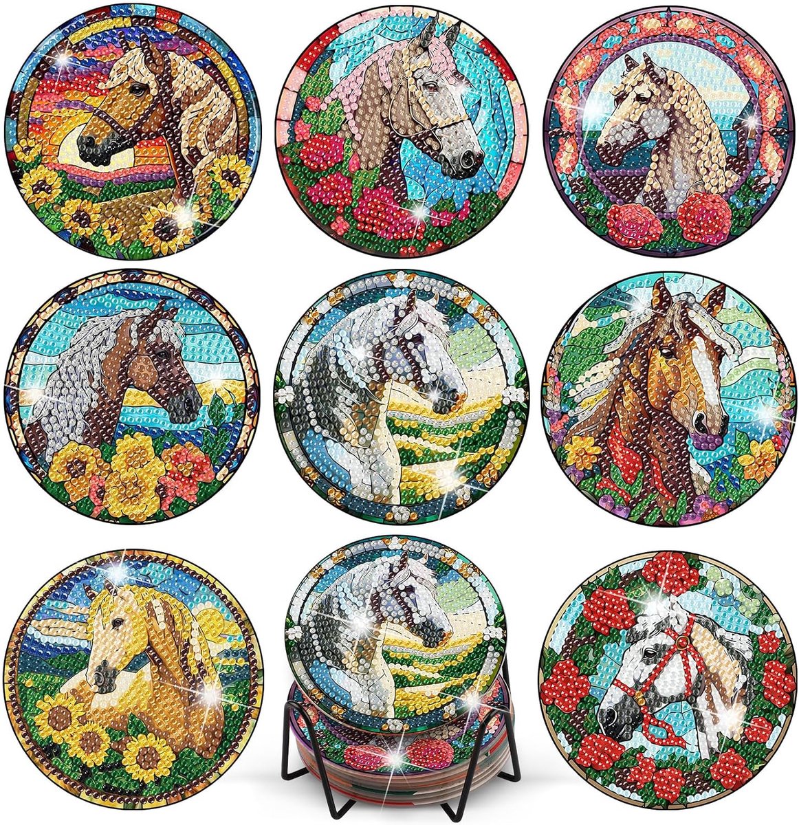 Onderzetters voor paardendiamantkunst met houder, doe-het-zelf dieren diamant schilderij onderzetters voor volwassenen, koffie drinkbeker pad met kurken achterkant voor tafelbescherming