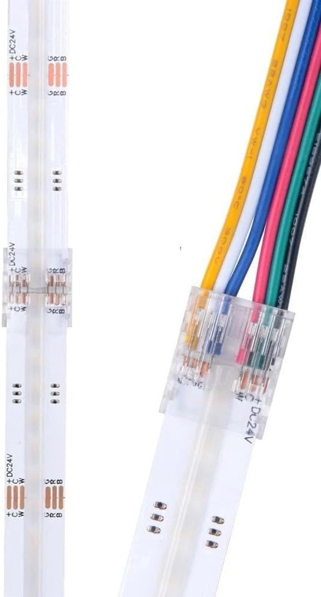 12 mm RGBCCT COB LED-connectorset, 6-polig, led-verlengkabel, soldeervrij, transparant, voor IP20 ledstrips, DC 3-24 V, incl. kabelconnector en stripconnector
