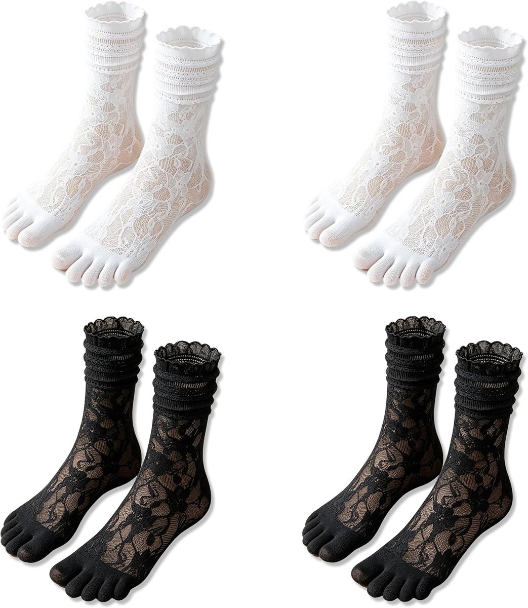 Sokken, 2 Kleuren Maat 35-45 Teensokken voor Dames, Korte Polyamide Vijfteen Sokken van Kant voor Vrouwen met Mesh voor Sport en Dagelijks Gebruik