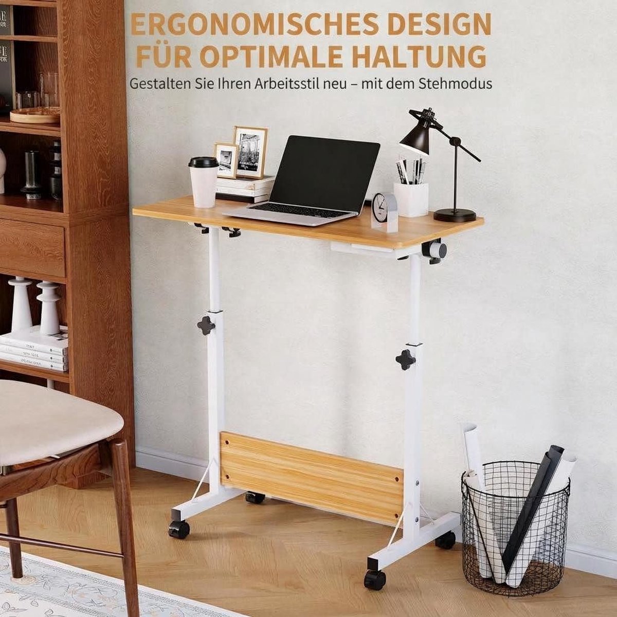 Bureau - Zit Sta Bureau 80 x 40 x 64-89 cm - Kantelbaar tafelblad mobiele werkplek 4 zwenkwielen (2 met rem) Eiken thumbnail 6