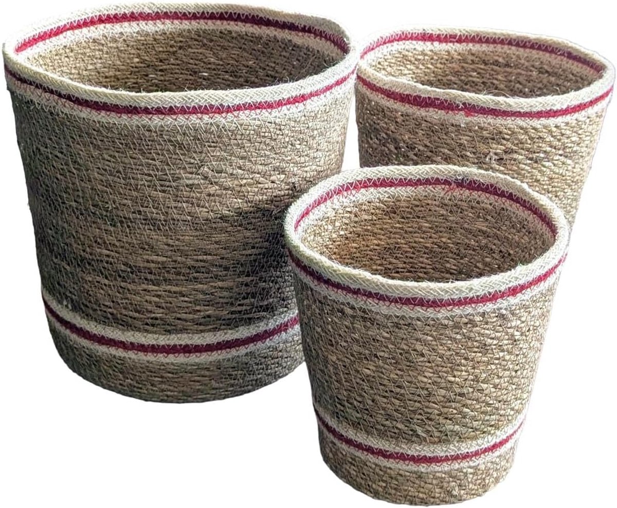 Set van 3 van zeegras en jute, conische opbergmanden, natuur/wit/rood, multifunctionele mand en organizer voor badkamer, bureau en plank, decoratieve plantenmand in boho-stijl