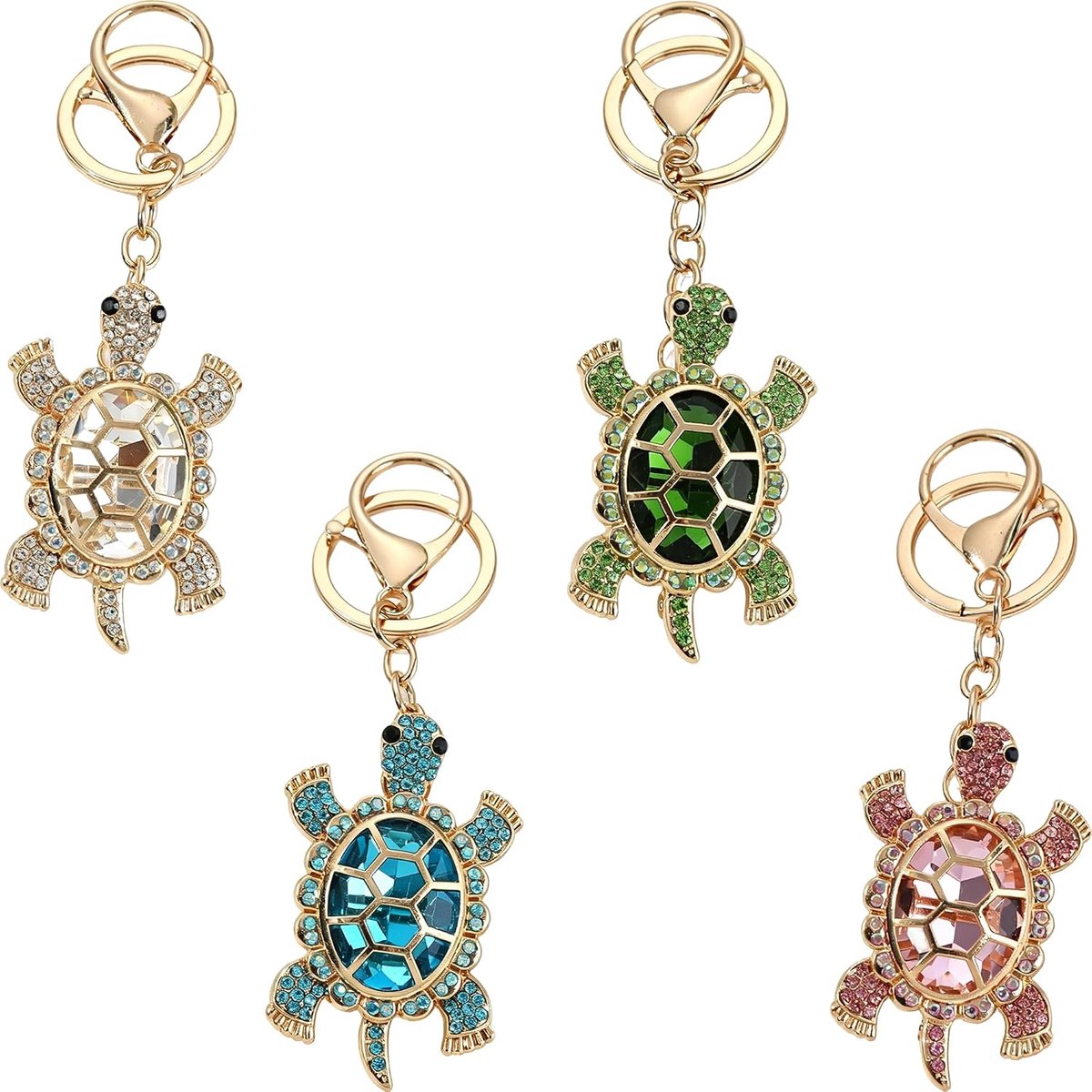 4 stuks sleutelhanger schildpad, strass glinsterend kleurrijk