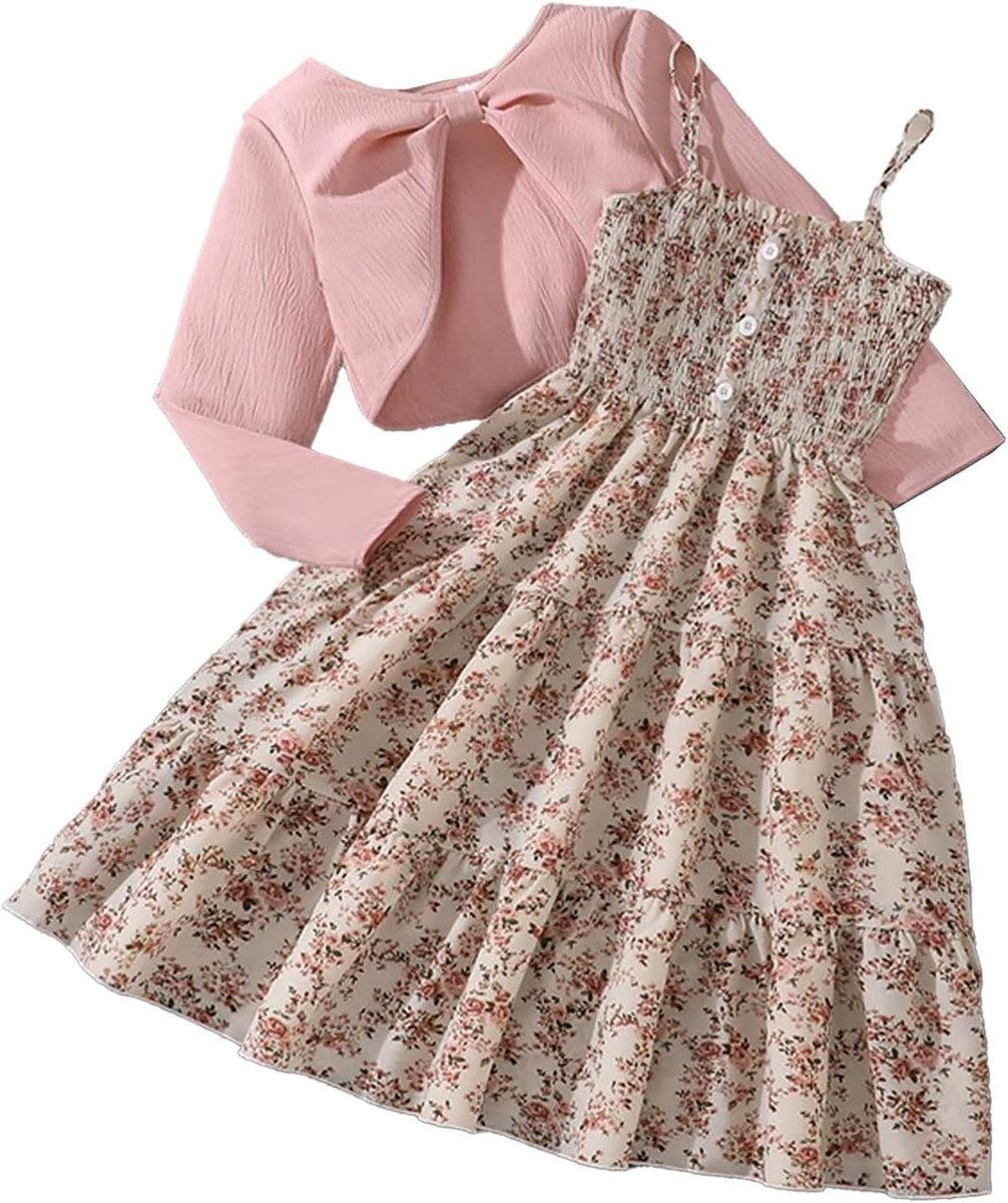 Bloemenjurk voor meisjes, met gebreide jas, 2-delige A-lijn, outfit, 7-12