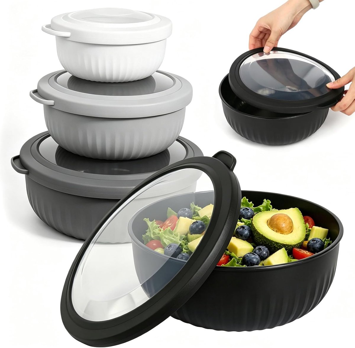 Slakom met deksel, set van 4 stapelbare slakommen, mengkom, BPA-vrij, vershouddozen met deksel, 0,4/0,78/1,4/2,2 l, vaatwasser, magnetron en vriesbestendig (zwart/wit/grijs/lichtgrijs)