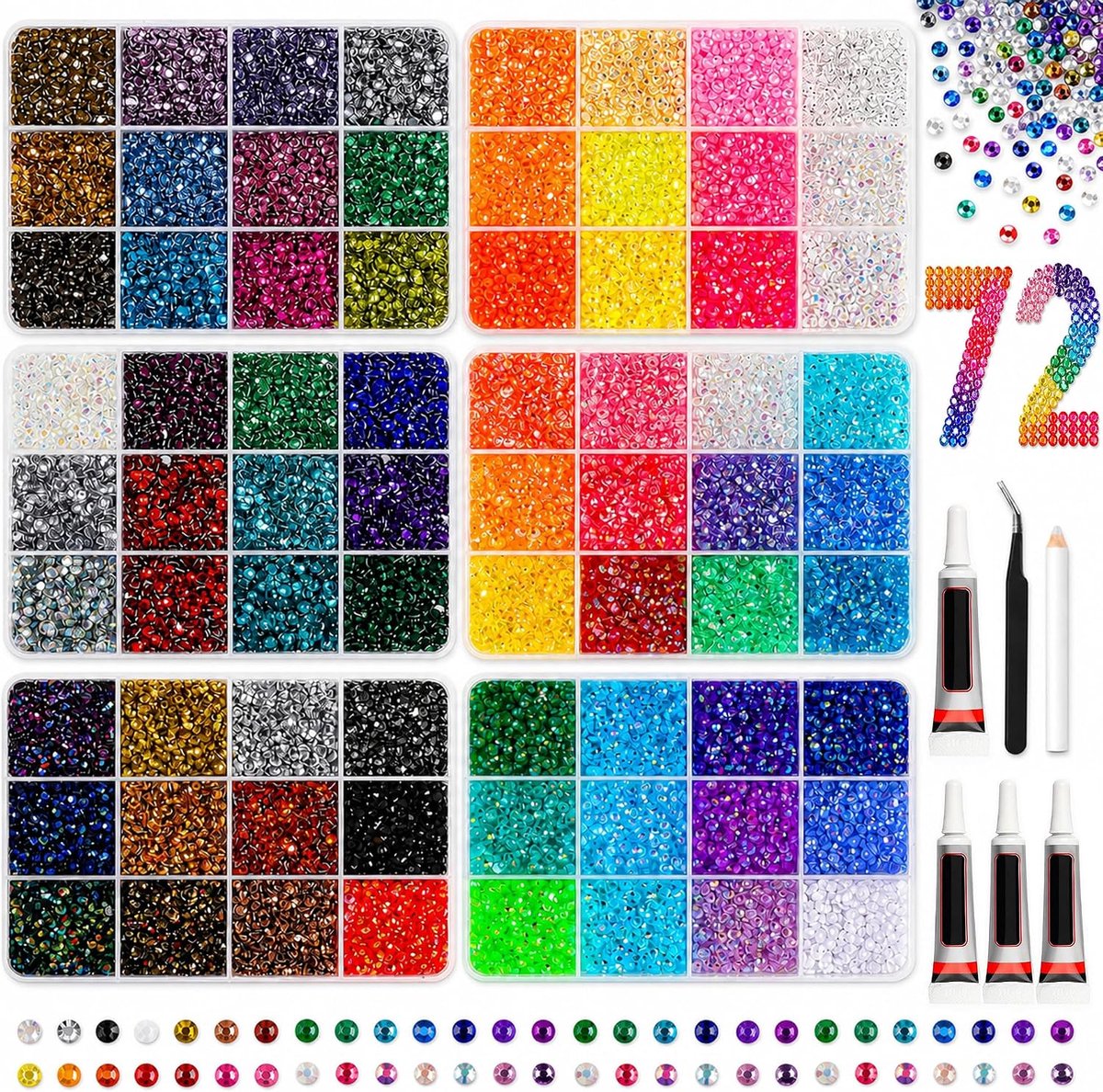 Kit 72 kleuren 3mm glitterstenen strasssteentjes set
