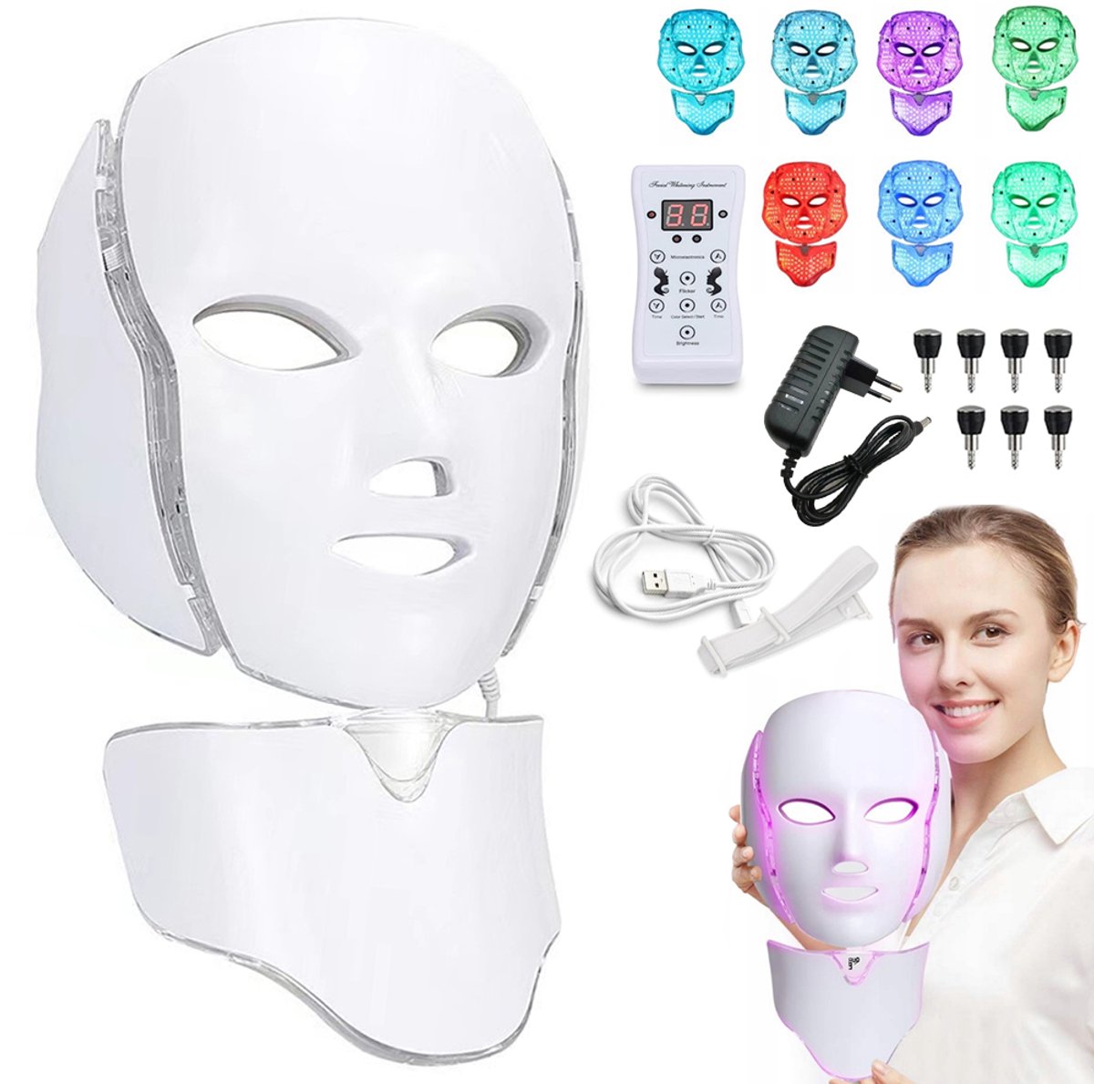 LED-fototherapiemasker - Schoonheidsmasker - Inclusief halsgedeelte - 7 kleuren - Fotoverjongingsapparaat - Gezichtsverzorging - Geschikt voor gezicht, hals en schouders - Wit