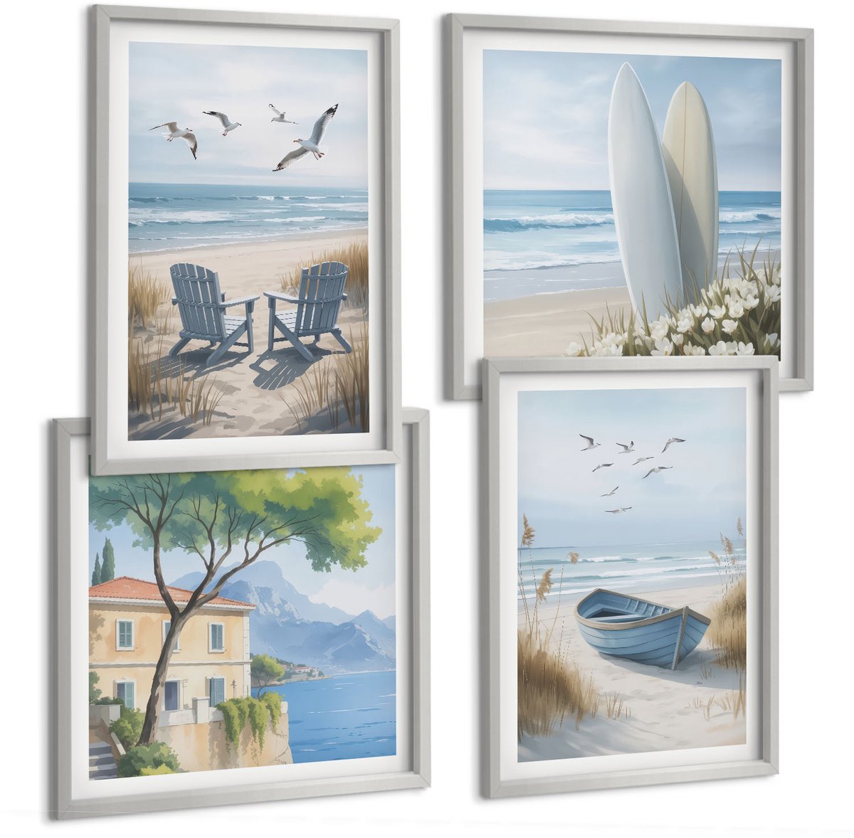 Coloray 4-Delige Schilderij Set - Strand Met Surfplanken, Boten En Vogels - 40 x 40 cm En 40 x 60 cm - Wanddecoratie - Schilderijen Set - Kantoor - Moderne Wanddecoratie