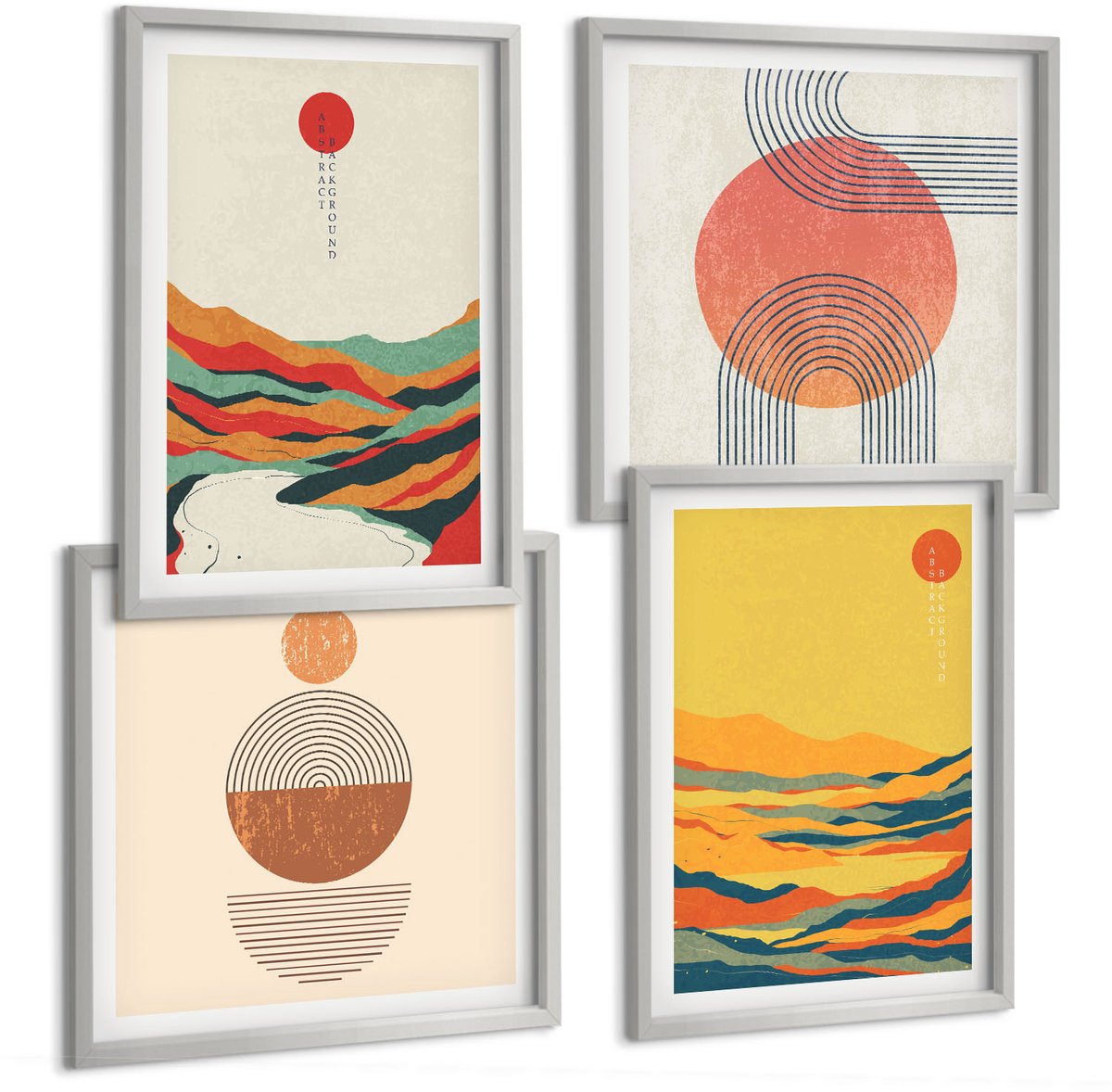 Coloray 4-Delige Schilderij Set - Kleurrijke Patronen Van Bergen En Rivieren In Japandi-Stijl - 40 x 40 cm En 40 x 60 cm - Schilderijen Set - Wanddecoratie - Woonkamer - Moderne Wanddecoratie