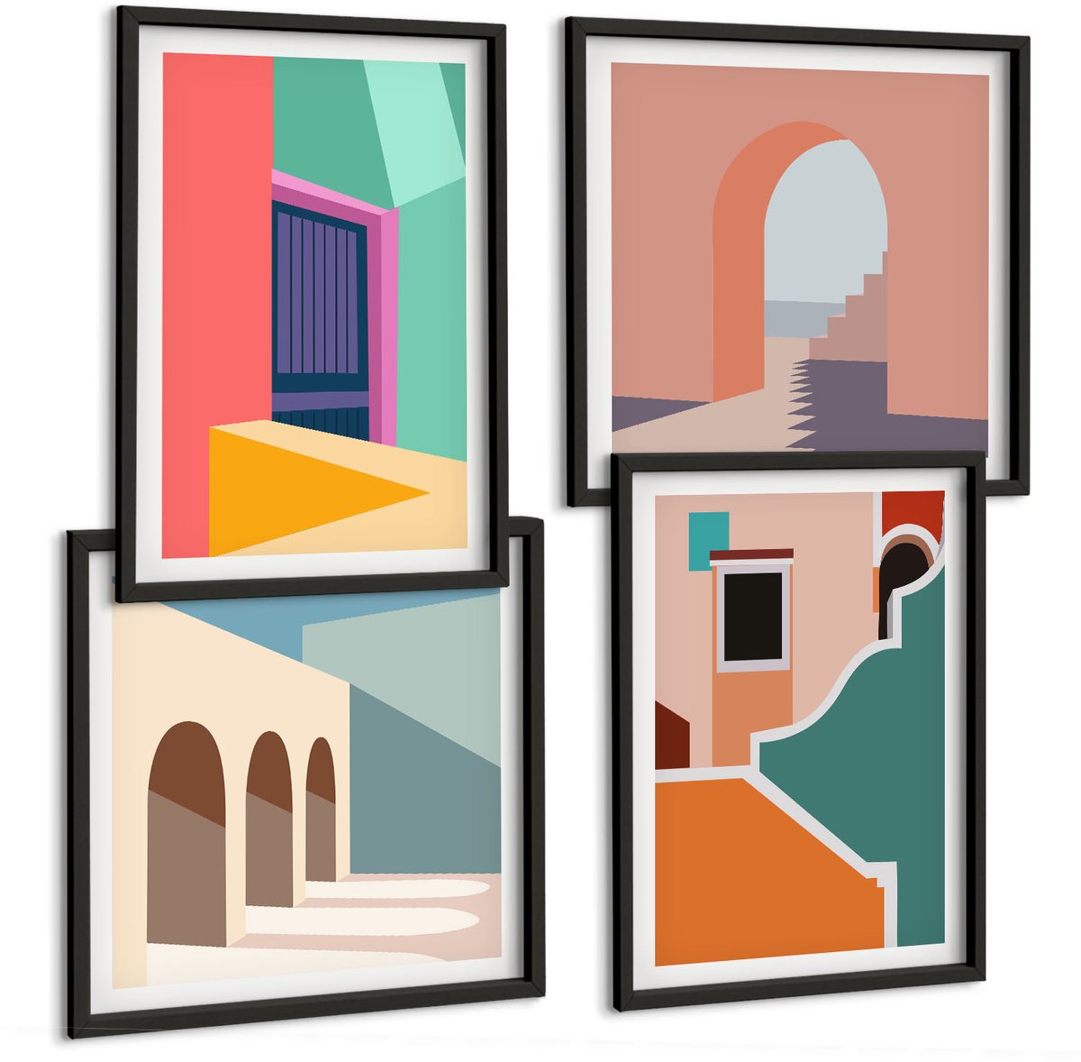Coloray 4-Delige Schilderij Set - Kleurrijke Stadsgezichten In Een Moderne Stijl. - 40 x 40 cm En 40 x 60 cm - Decoratieve Muurdecoratie - Slaapkamer - Decoratieve Schilderijen Zwarte lijst