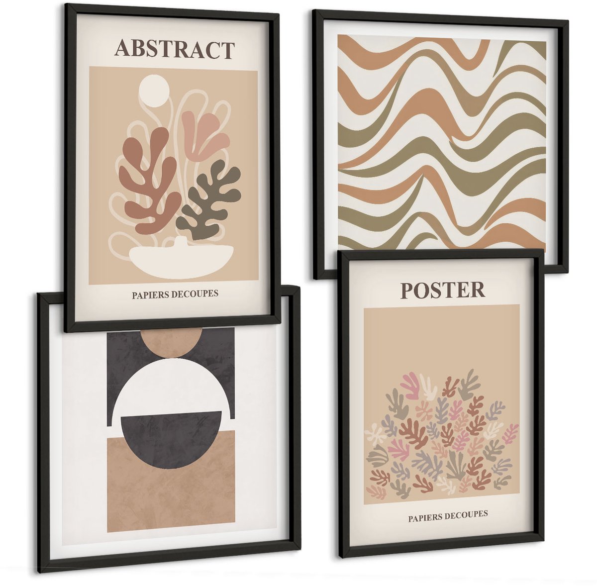 Coloray 4-Delige Schilderij Set - Abstracte Vormen En Patronen In Gedempte Kleuren. - 40 x 40 cm En 40 x 60 cm - Wanddecoratie - Woonkamer Decoratie - Interieur Decoratie Zwarte lijst