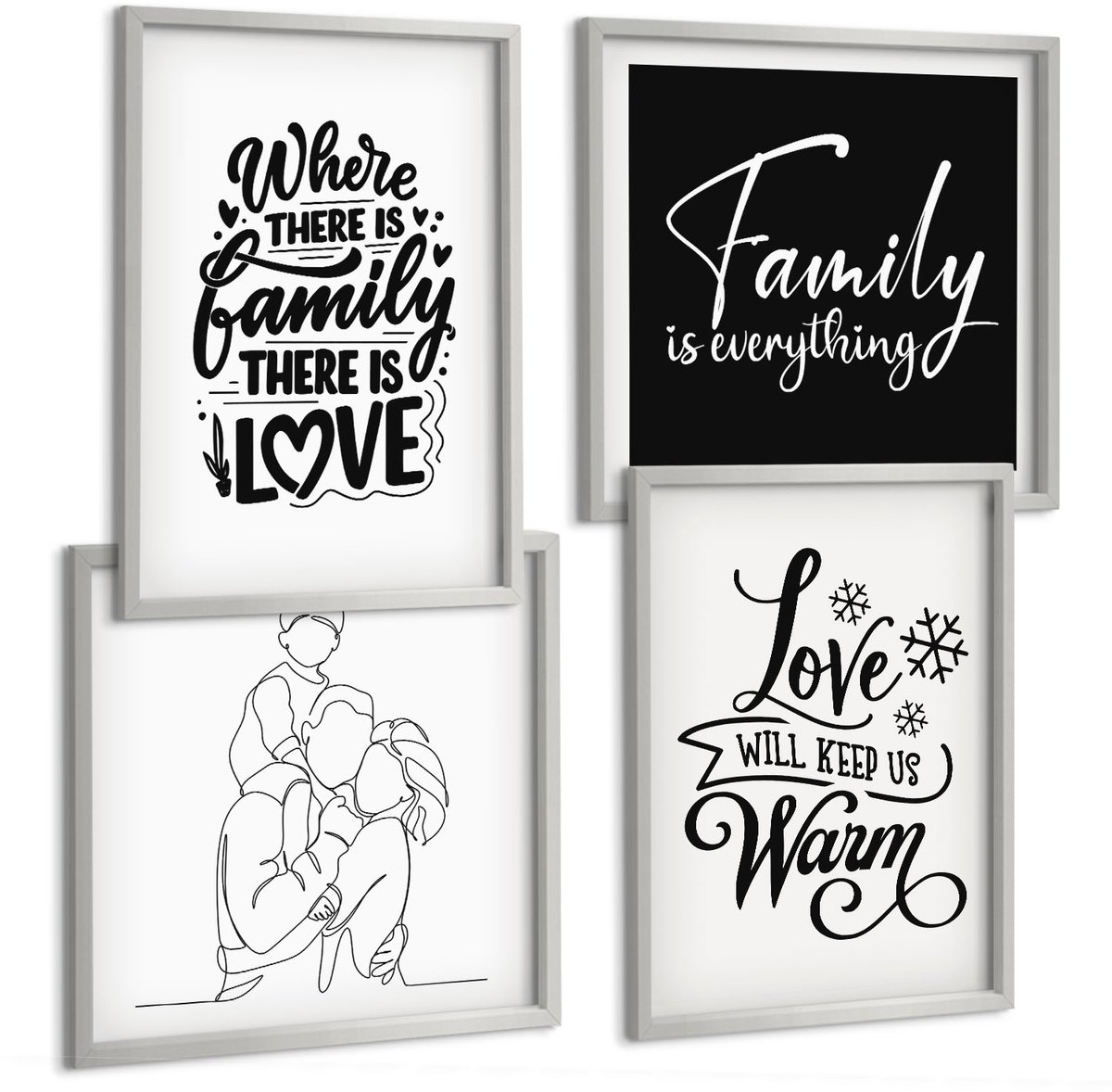 Coloray 4-Delige Schilderij Set - Familie, Liefde, Warmte, Thuis, Inspirerende Citaten - 40 x 40 cm En 40 x 60 cm - Wanddecoratie - Moderne Interieurdecoratie - Muurdecoratie