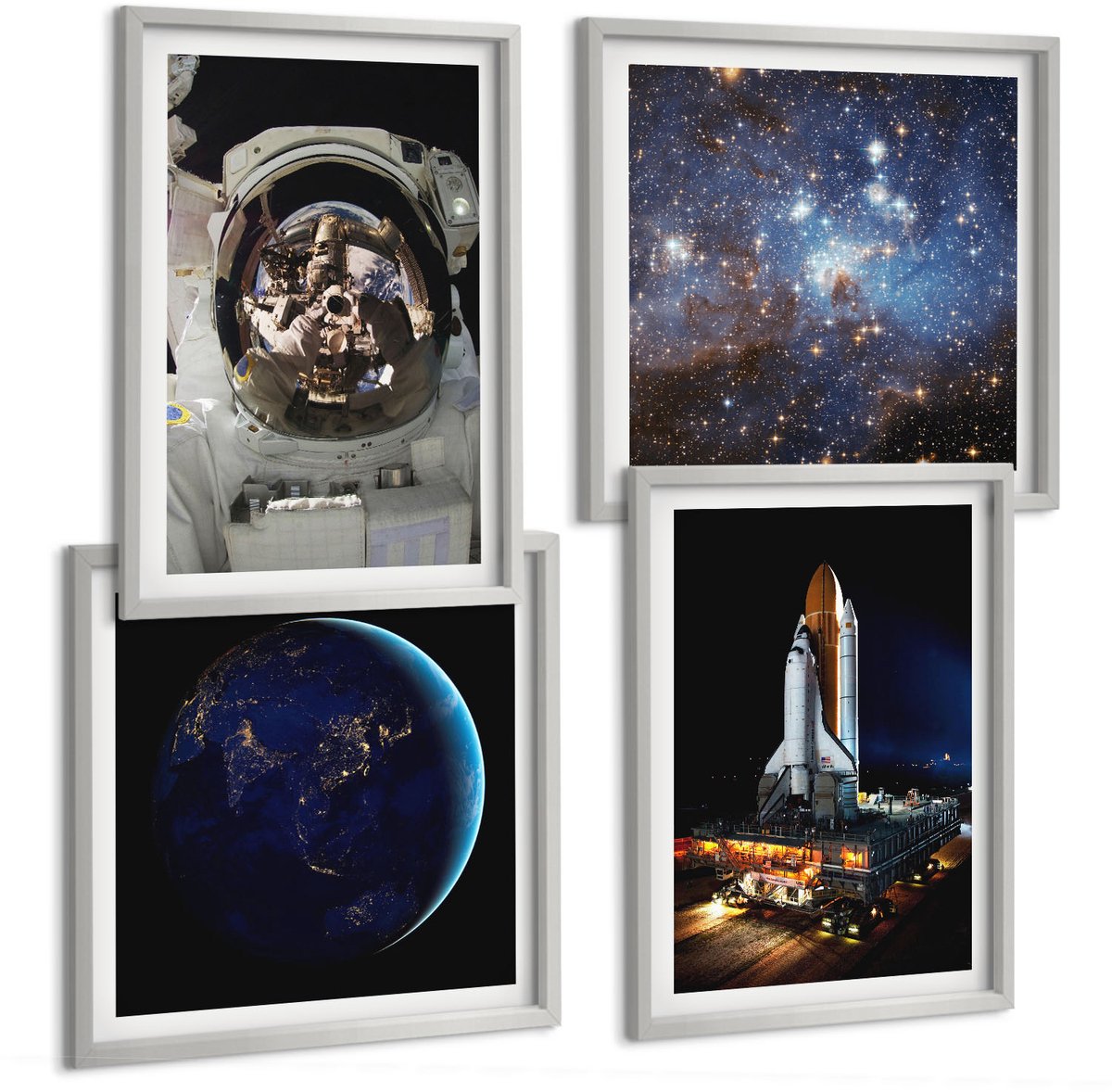 Coloray 4-Delige Schilderij Set - Ruimtebeelden Met De Aarde, Astronaut En Raket - 40 x 40 cm En 40 x 60 cm - Decoratieve Schilderijen - Wanddecoratie - Hal - Interieur Decoratie
