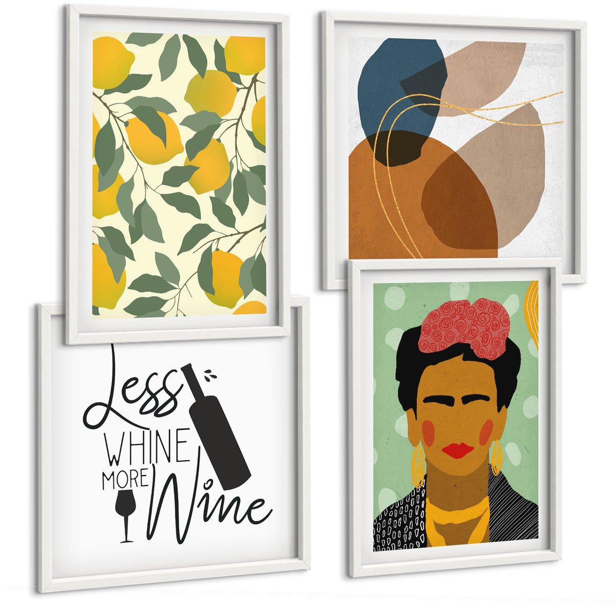 Coloray 4-Delige Schilderij Set - Citroenen Wijnfles Portret Van Frida Kahlo - 40 x 40 En 40 x 60 - Moderne Wanddecoratie - Slaapkamer