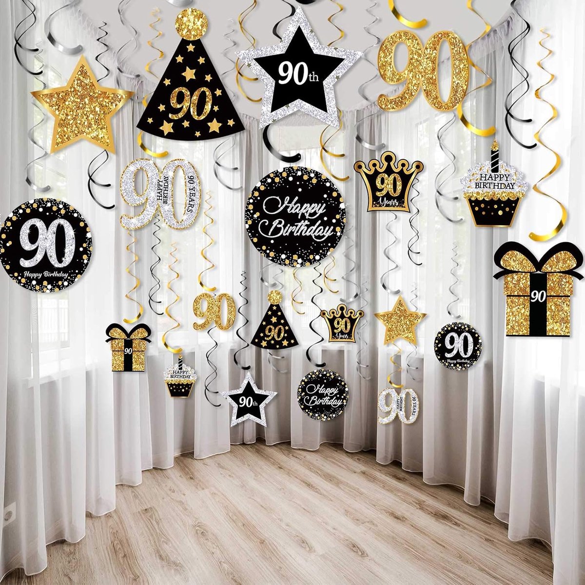 Allecto - Verjaardagsfeest Decoraties - Glanzende Wervelingen - Meerkleurig - Decoratieve Kaarten - Feestbenodigdheden voor 90e Verjaardag
