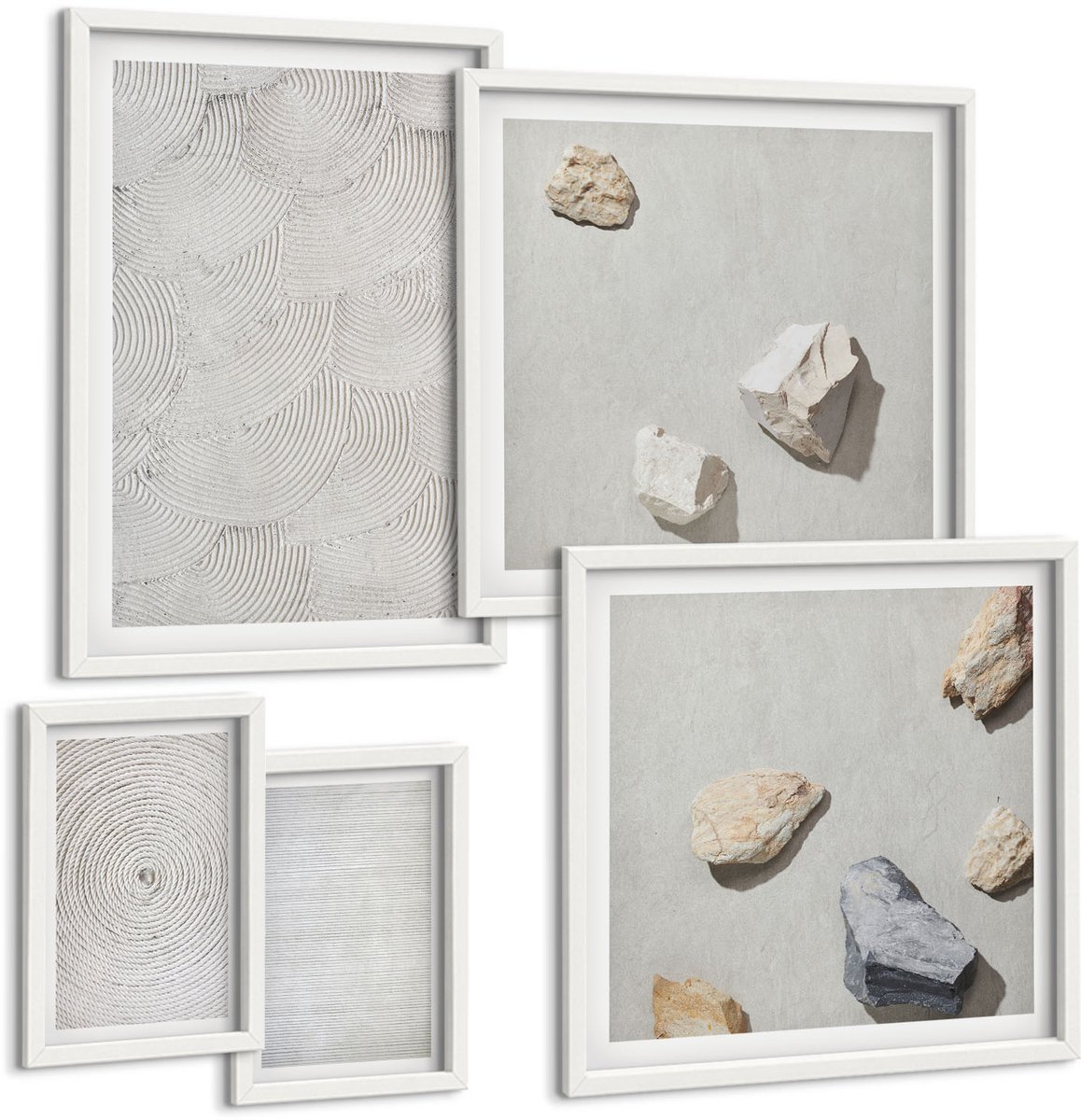 Coloray 5-Delige Schilderij Set - Geometrische Patronen Van Karton En Stenen Op Zand. - 50 x 50 cm, 20 x 30 cm En 40 x 60 cm - Moderne Wanddecoratie - Slaapkamer - Interieur Decoratie