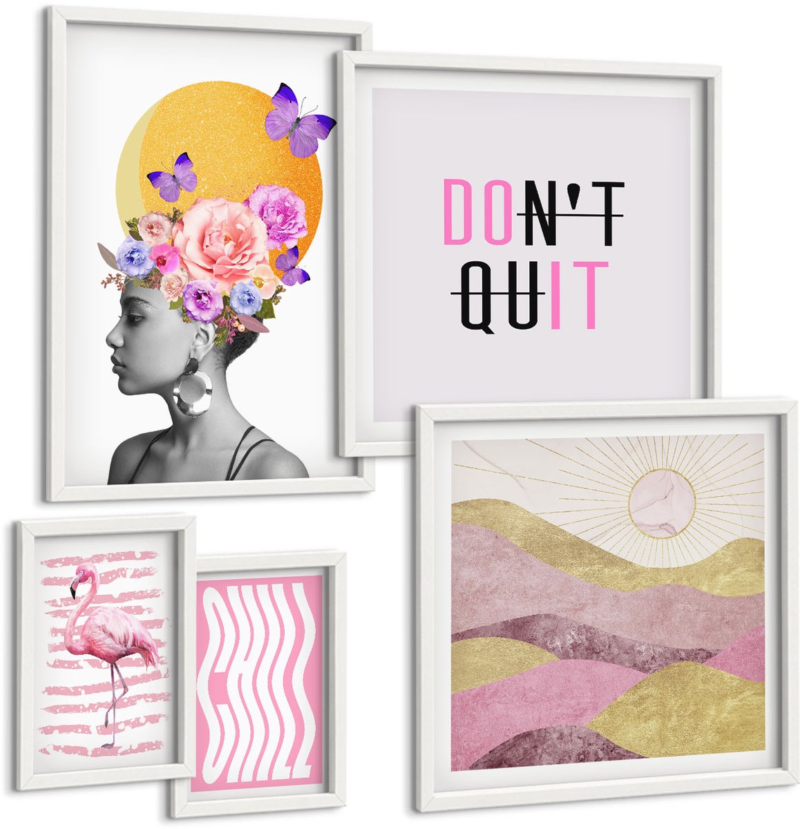 Coloray 5-Delige Schilderij Set - Boho-Stijl Met Bloemenmotieven En Inspirerende Slogans - 50 x 50 cm, 20 x 30 cm En 40 x 60 cm - Muurdecoratie - Wanddecoratie - Hal - Stijlvolle Muurdecoratie