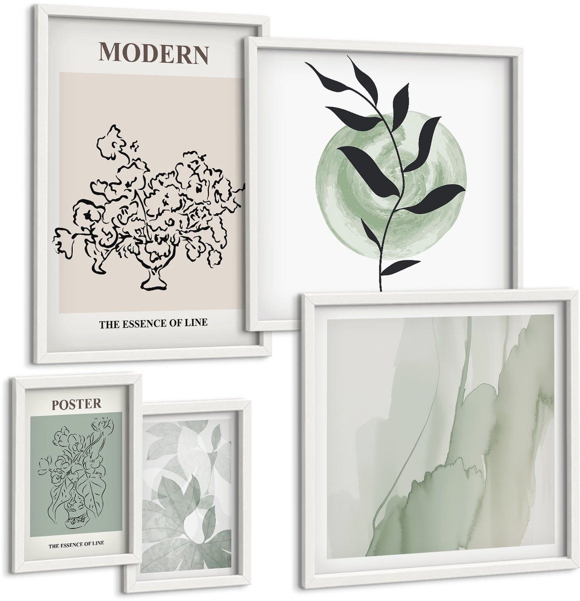 Coloray 5-Delige Schilderij Set - Moderne Decoraties In Minimalistische Stijl Met Plantmotieven - 50 x 50 cm, 20 x 30 cm En 40 x 60 cm - Decoratieve Schilderijen - Wanddecoratie - Hal