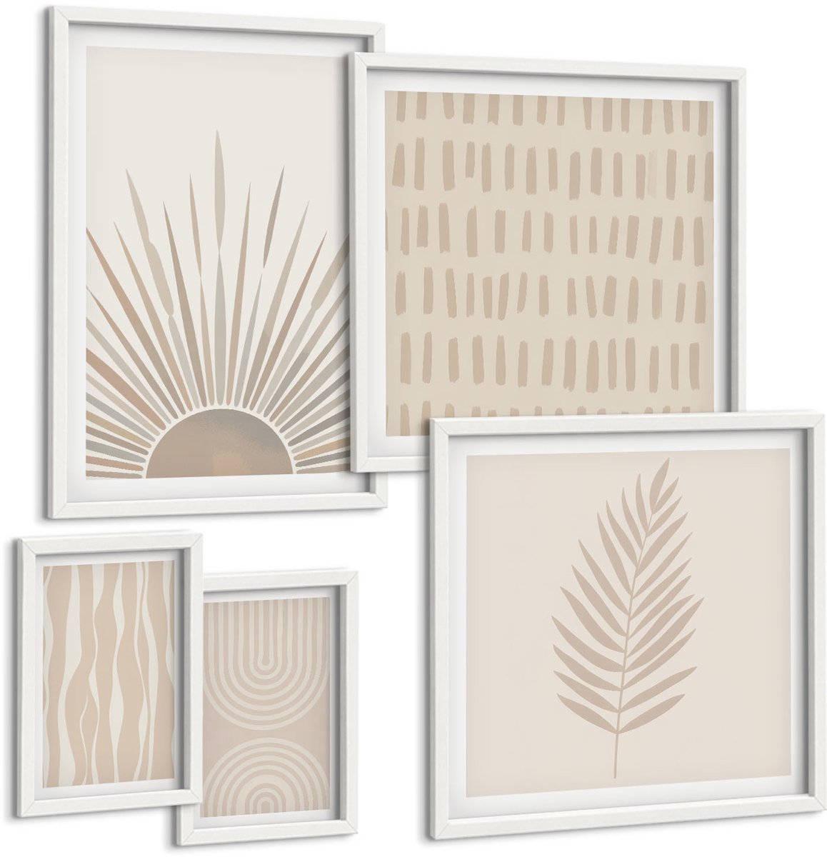 Coloray 5-Delige Schilderij Set - Stijlvolle Decoraties In Natuurlijke Tinten En Geometrische Patronen. - 50 x 50 cm, 20 x 30 cm En 40 x 60 cm - Wanddecoratie - Muurdecoratie - Woonkamer - Stijlvolle Muurdecoratie