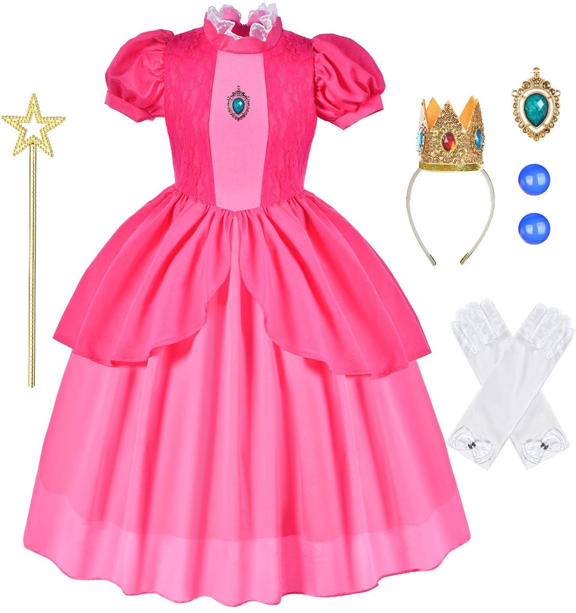 Aomig Prinses kostuum voor meisjes, 6 stuks Roze Prinsessenjurk met Kroon Oorbellen Handschoenen Broche & Wand, Roze Prinsessenperzikoutfit, Perzikprinsesjurk voor kinderen
