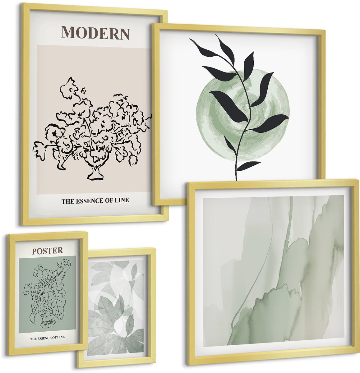 Coloray 5-Delige Schilderij Set - Moderne Decoraties In Minimalistische Stijl Met Plantmotieven - 50 x 50 cm, 20 x 30 cm En 40 x 60 cm - Decoratieve Schilderijen - Wanddecoratie - Hal