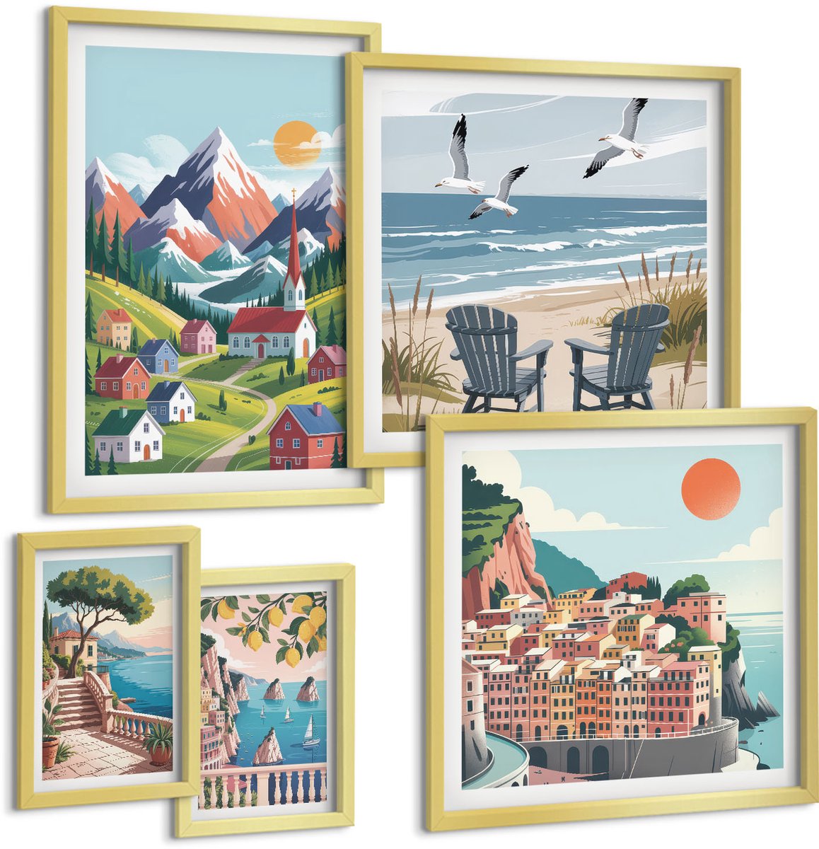 Coloray 5-Delige Schilderij Set - Berg- En Kustlandschappen In Retrostijl - 50 x 50 cm, 20 x 30 cm En 40 x 60 cm - Muurdecoratie - Interieur Decoratie - Wanddecoratie