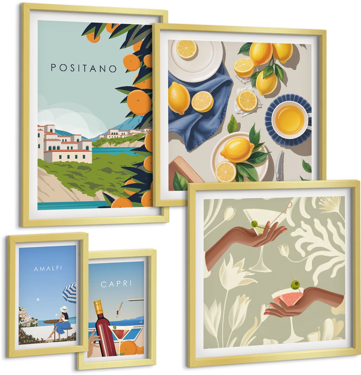 Coloray 5-Delige Schilderij Set - Vakantie In Italië: Uitzichten Op Amalfi En Capri - 50 x 50 cm, 20 x 30 cm En 40 x 60 cm - Wanddecoratie - Muurdecoratie - Moderne Interieurdecoratie - Woonkamer Decoratie