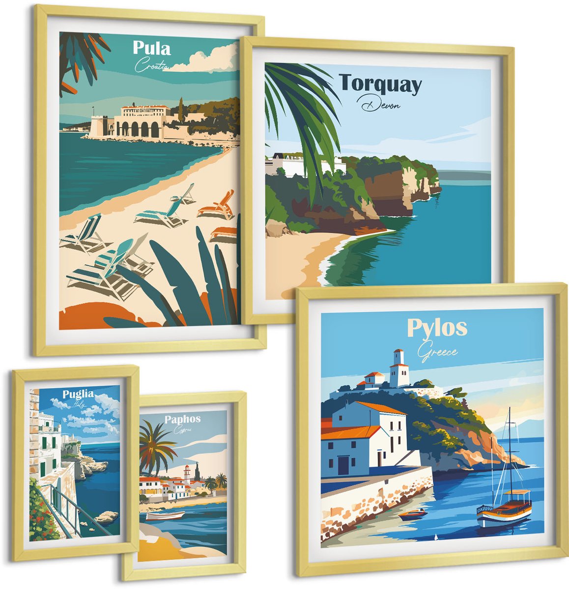 Coloray 5-Delige Schilderij Set - Kustlandschappen Met Charmante Plekjes In Europa - 50 x 50 cm, 20 x 30 cm En 40 x 60 cm - Wanddecoratie - Muurdecoratie - Moderne Interieurdecoratie