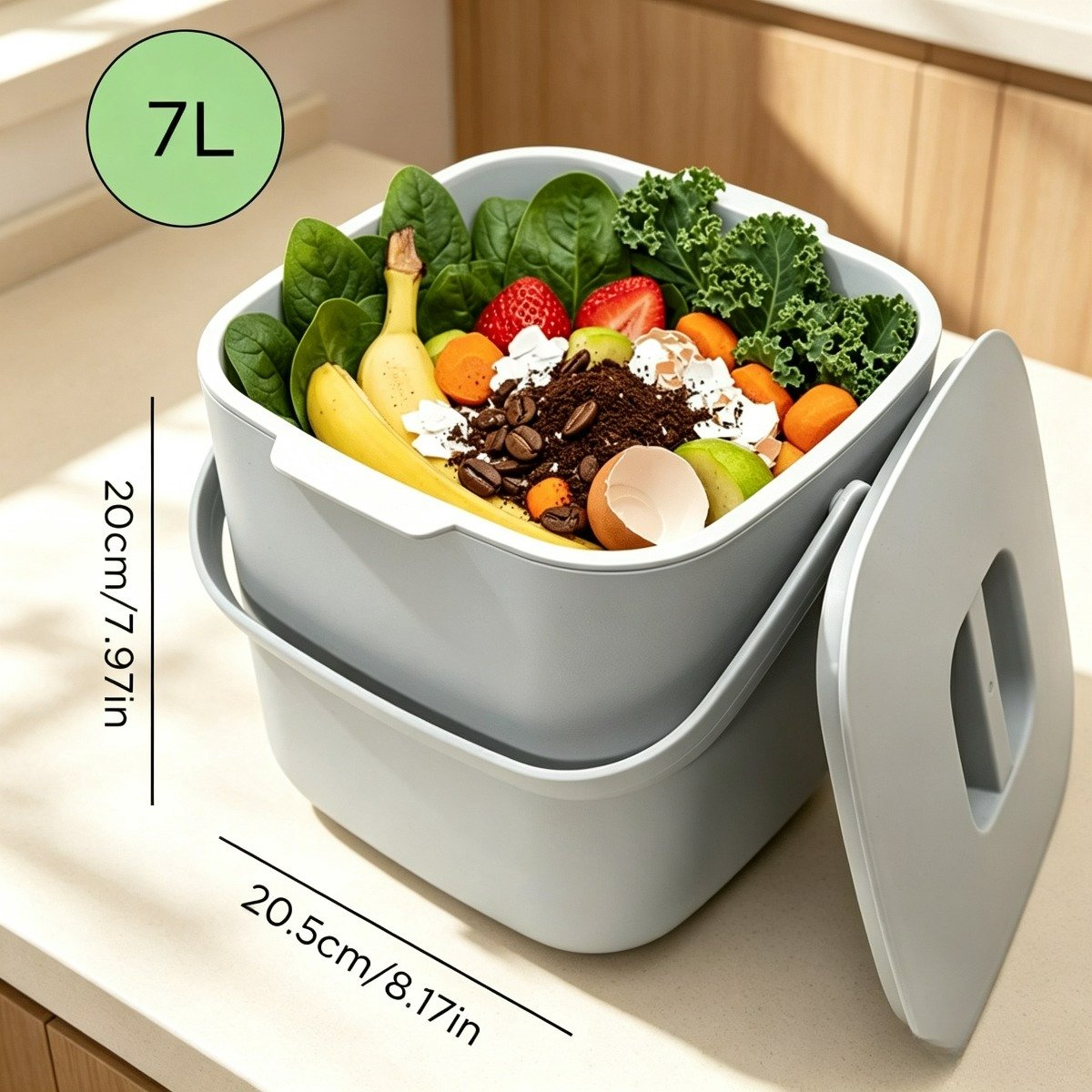 7L Keuken Compostbak voor keukenafval,biomijl emmer met deksel en handvat,dubbellaags filter compostcontainer zonder vuilniszak,geurwerend keuken prullenbak voor groente‑en fruitafval, milieuvriendelijke organisch afvalopvang voor thuis keuken