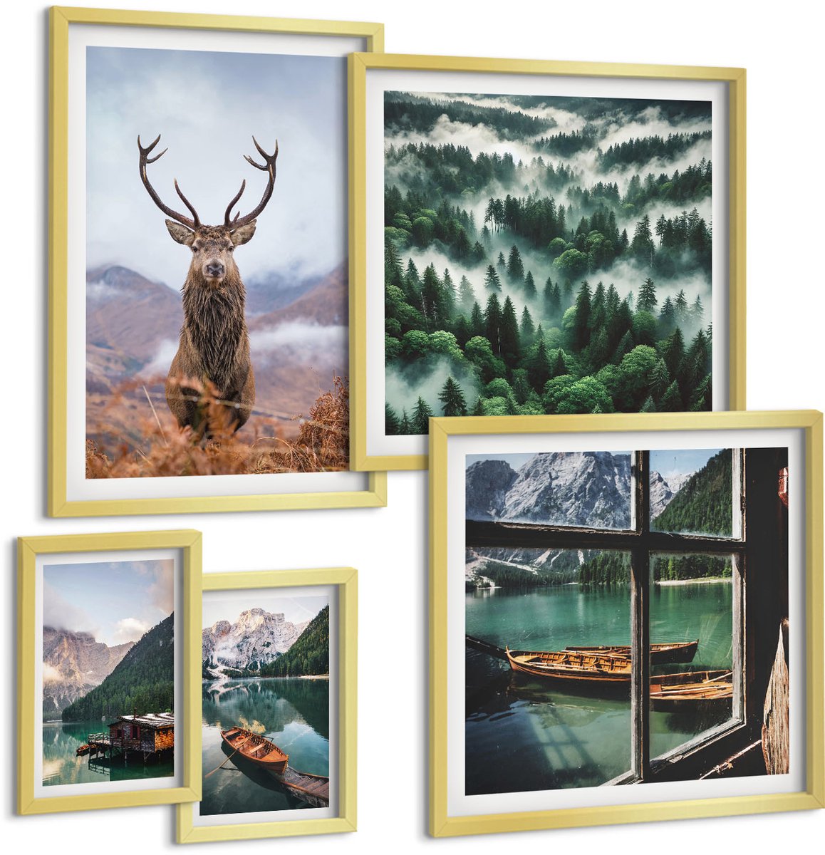 Coloray 5-Delige Schilderij Set - Natuur En Wilde Dieren In Het Berglandschap - 50 x 50 cm, 20 x 30 cm En 40 x 60 cm - Moderne Wanddecoratie - Woonkamer - Decoratieve Schilderijen