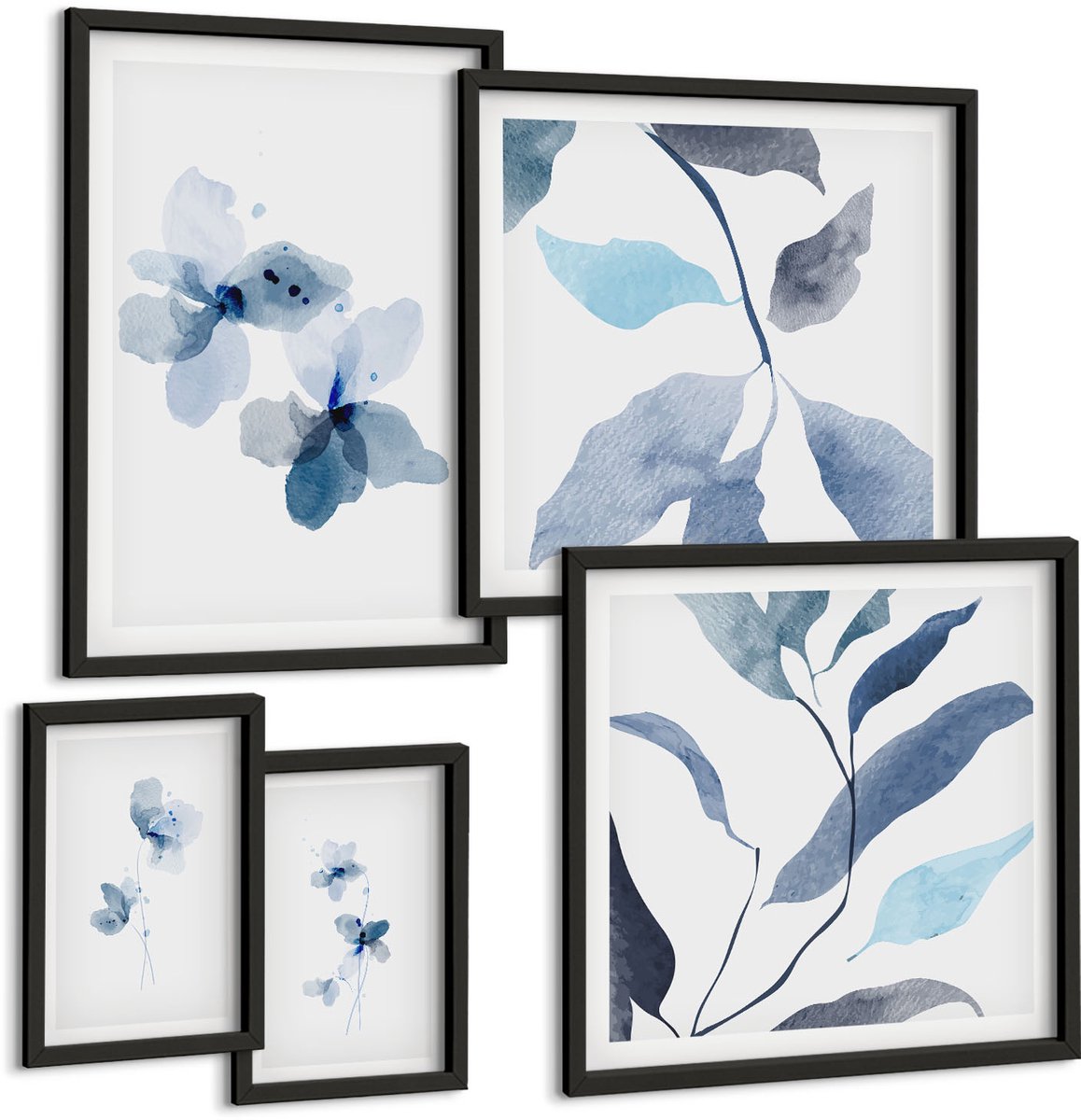 Coloray 5-Delige Schilderij Set - Stijlvolle Aquarelbloemen En -Bladeren In Blauwe Tinten - 50 x 50 cm, 20 x 30 cm En 40 x 60 cm - Muurdecoratie - Wanddecoratie - Hal - Woonkamer Decoratie