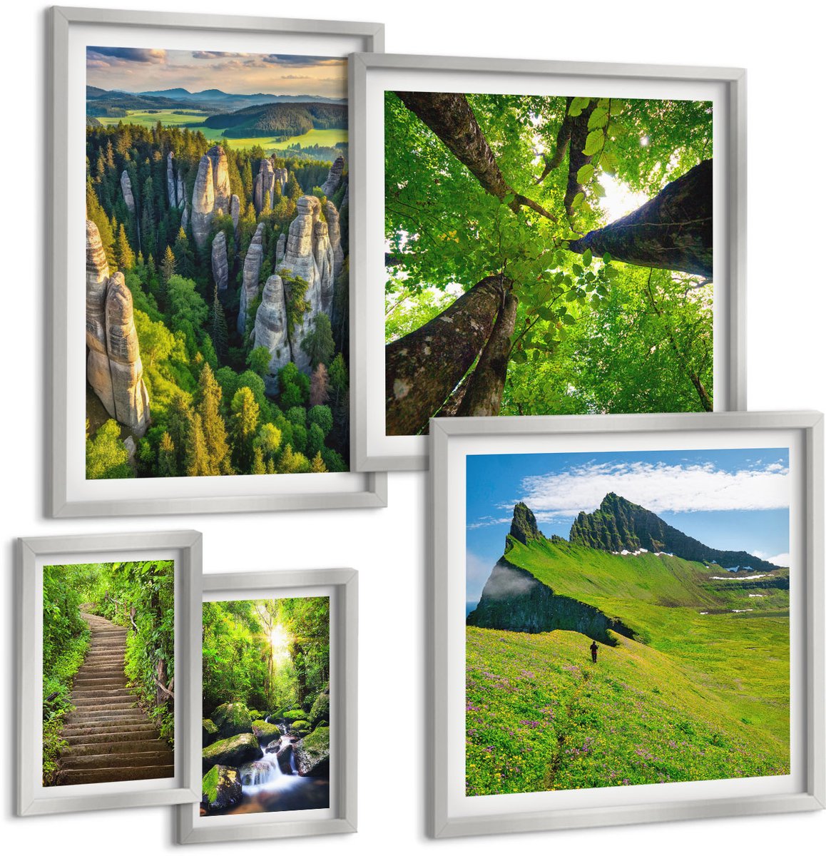 Coloray 5-Delige Schilderij Set - Groene Berglandschappen Met Waterval En Bos - 20 x 30 cm - Moderne Wanddecoratie - Woonkamer