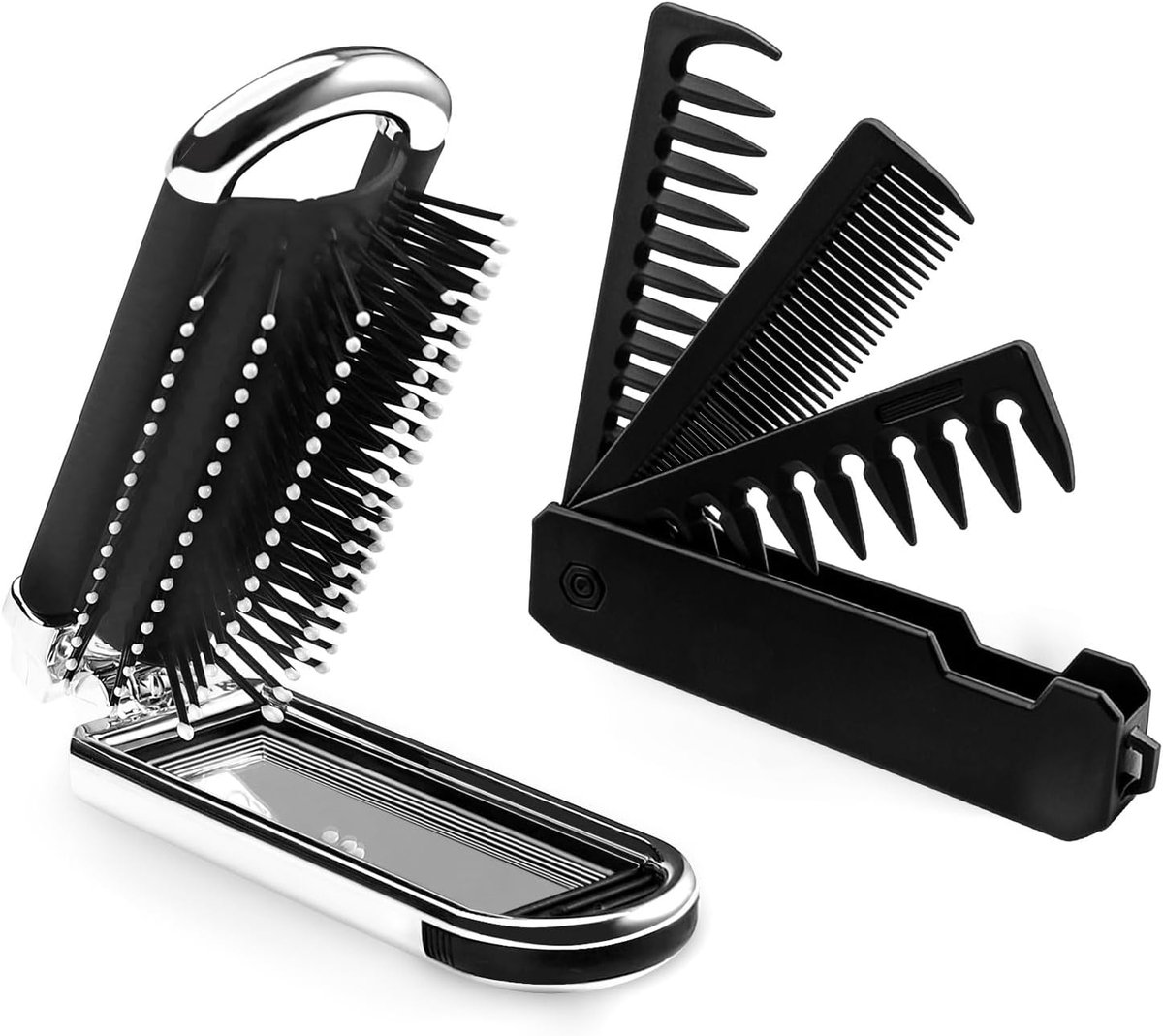 2 stuks opvouwbare reiskam en haarborstel met spiegel, 2-in-1 brede haarkam met fijne tanden, kleine opvouwbare zakkam voor mannen vrouwen haarstyling, krullen, snor, baard