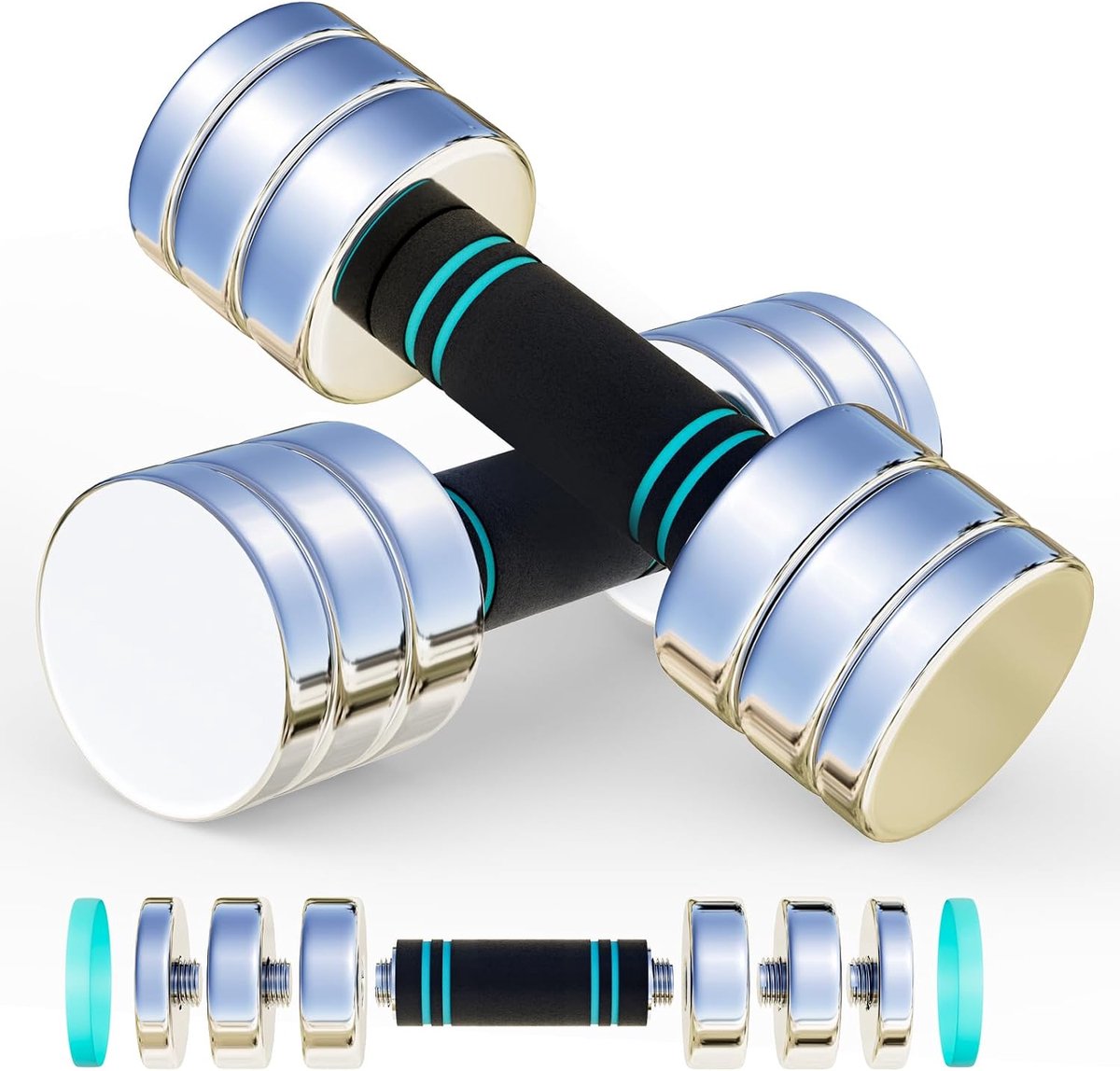 Halters 5 kg, 10 kg of 15 kg – set van 2 ultracompacte stalen dumbbells met schuimrubberen handgreep, ideaal voor fitness en training thuis