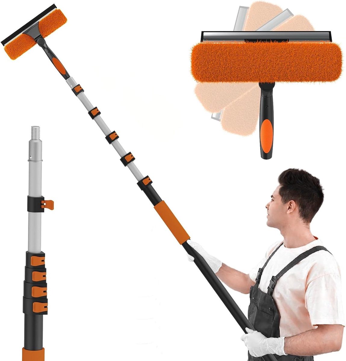 Telescopische raamreiniger - Raamwisser stok - Ramen lappen - 72 meter bereik - 7.2 meter - Oranje