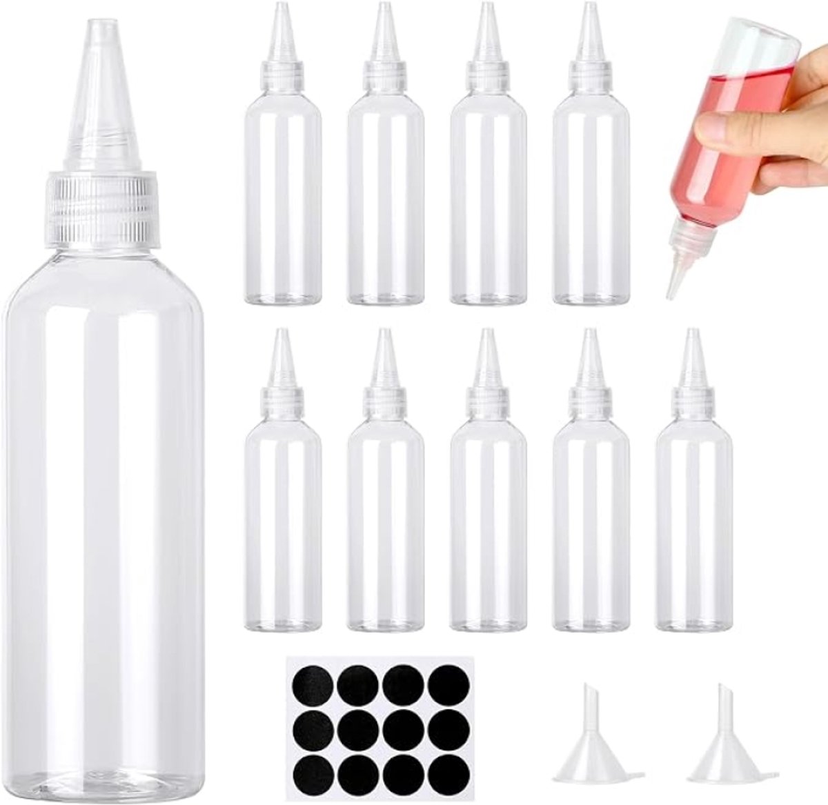 Set van 12 doorzichtige knijpflessen 100 ml met precisietuit en trechter