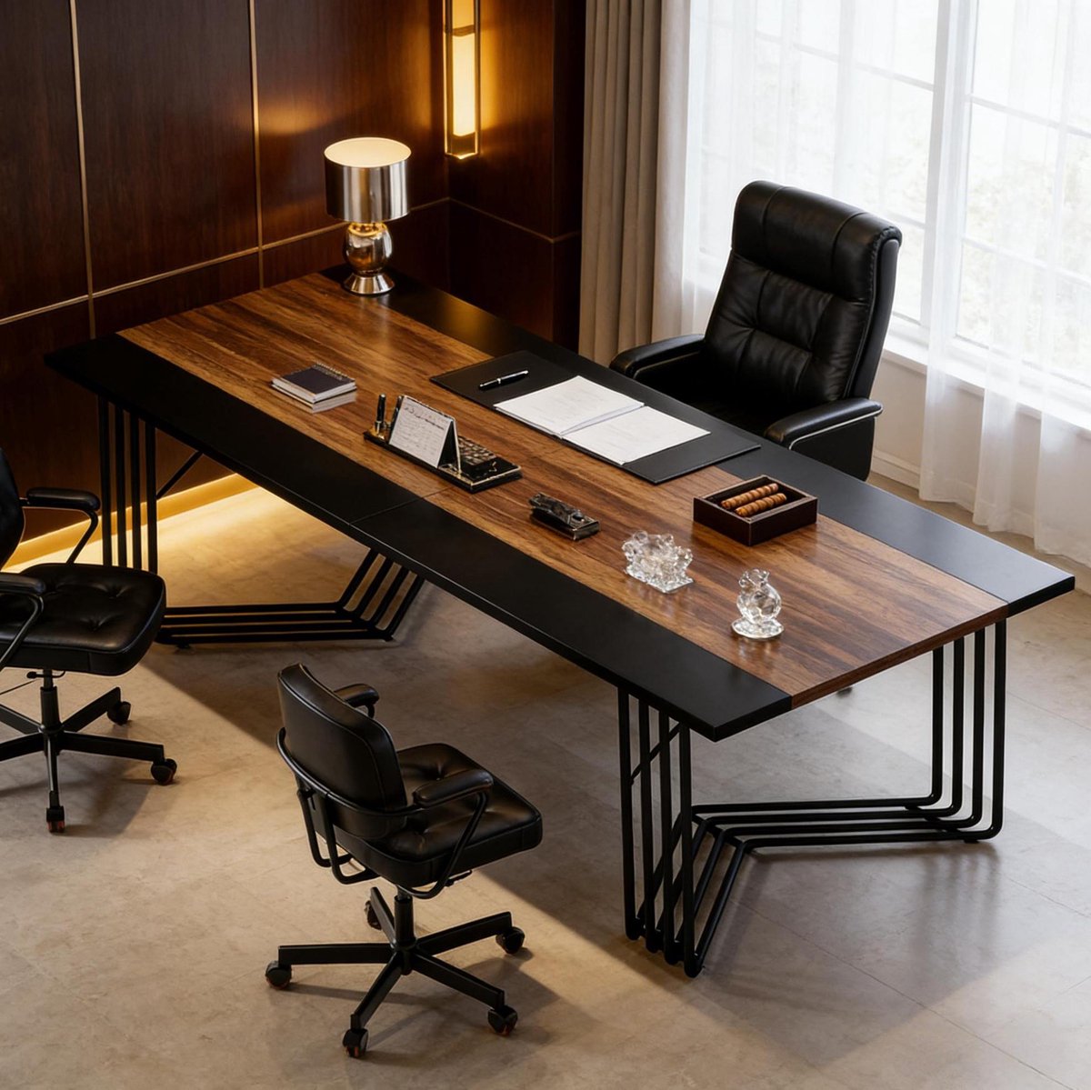 MODFU - Rechthoekige Tafel - Conferentietafel - Industrieel - Zwart - Rustiek Bruin