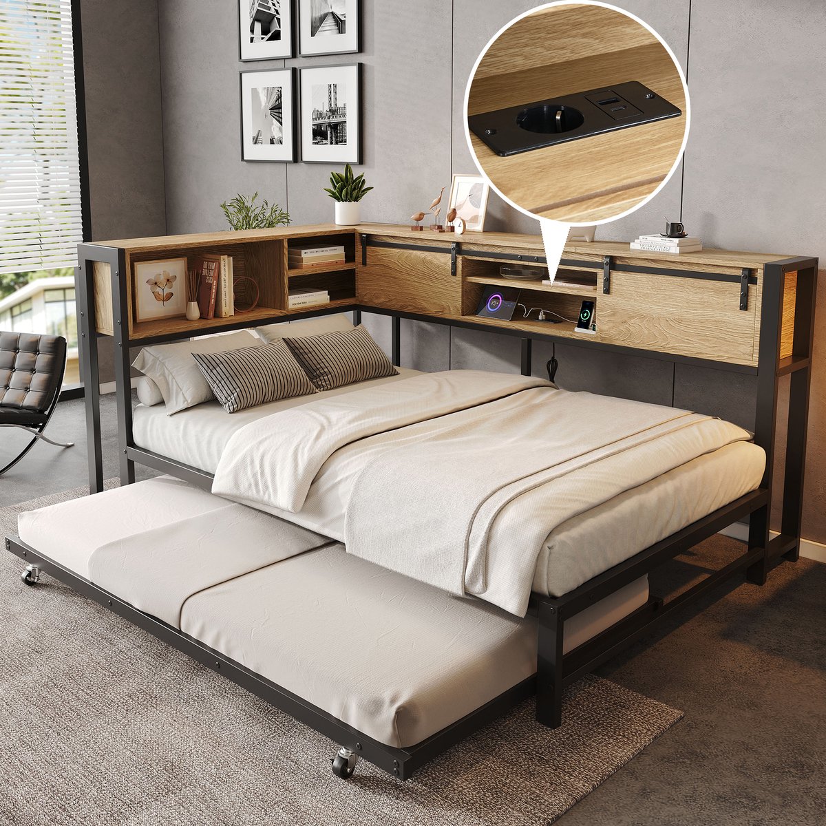 REDOM - Bed - Uitschuifbed en opberghoofdbord - Schuifdeuren en laadfunctie - Links of rechts monteerbaar - Metaal en MDF - Zwart en naturel - 219 x 142 x 93,5 cm