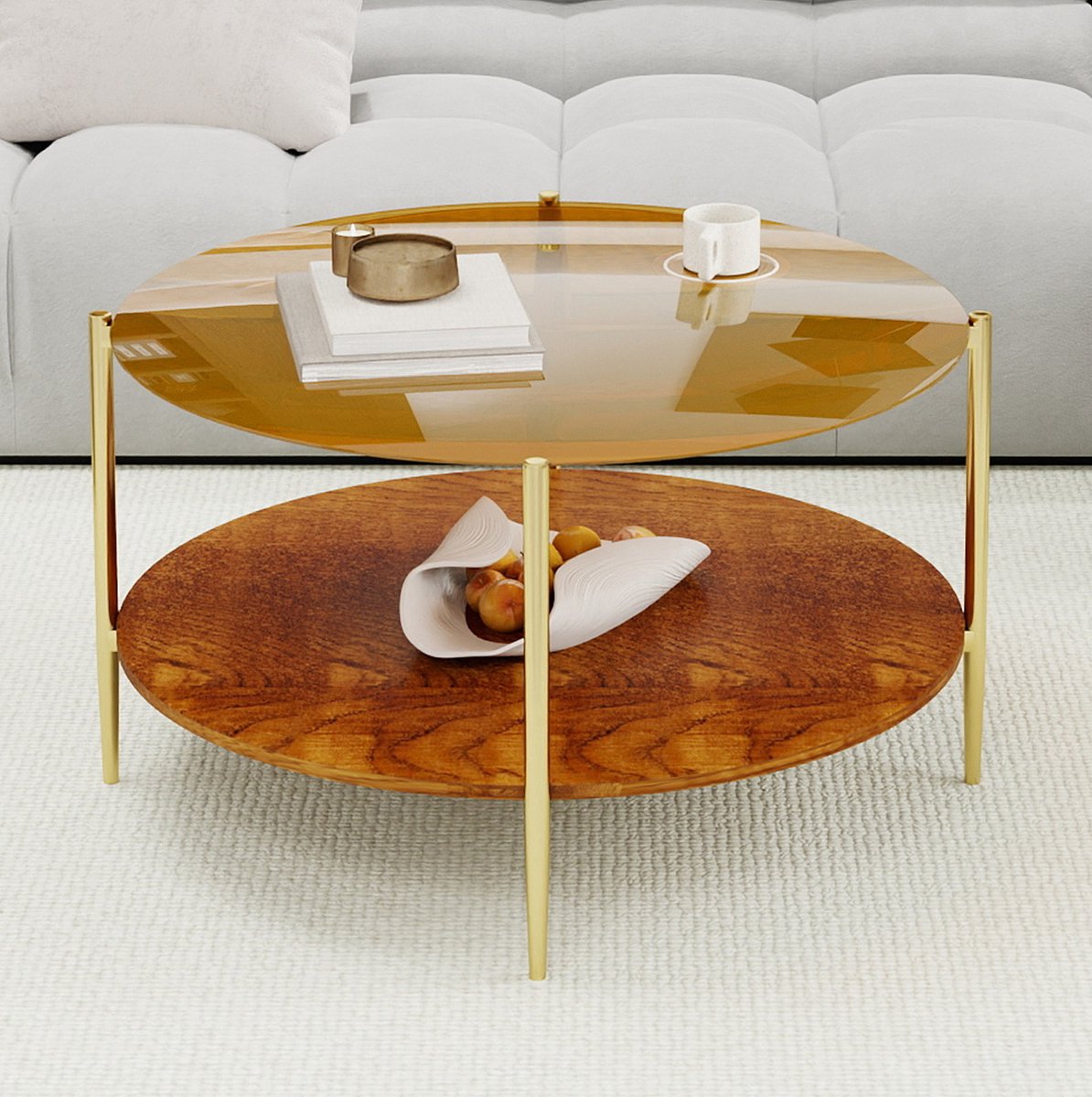 MODFU - Salontafel - Rond - Gouden Glazen Blad - Houten Onderblad - Modern