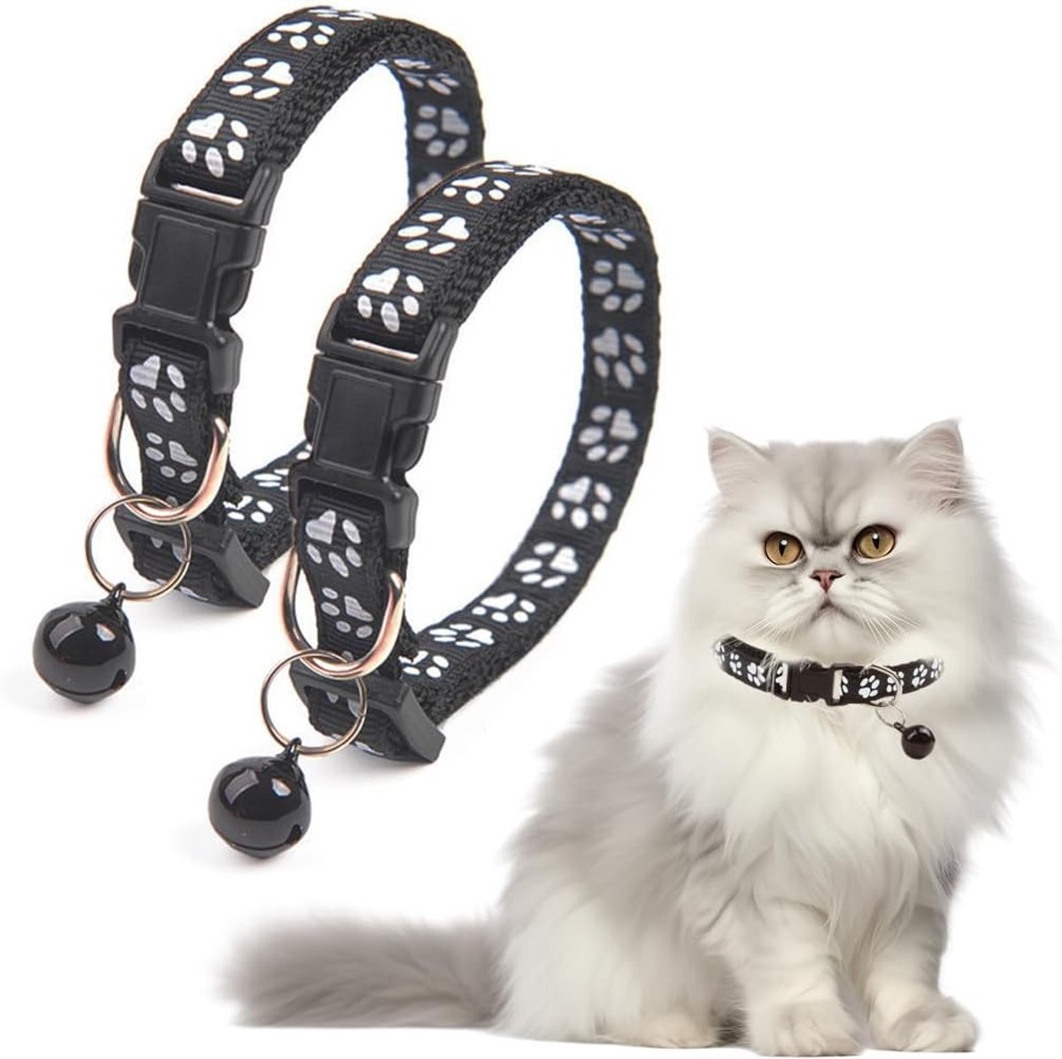Reflecterende kattenhalsband met bel en veiligheidssluiting, schattige pootafdruk, verstelbaar 19-32 cm, 2 stuks, zwart, veilig en comfortabel voor jouw kat