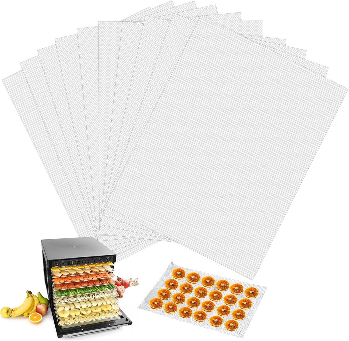 Set van 10 Herbruikbare Droogfilms voor Voedseldehydrator, 35 × 30 cm, Niet-Plakkerig, BPA-vrij, Ideaal voor Fruit en Groenten, Perfect voor Droogmachines