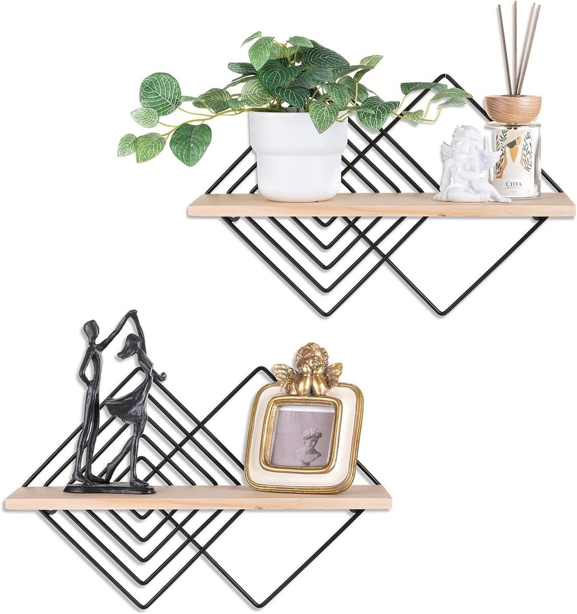 Stijlvolle wandplank van zwart metaal en hout, set van 2, voor moderne opslagoplossingen en decoratie