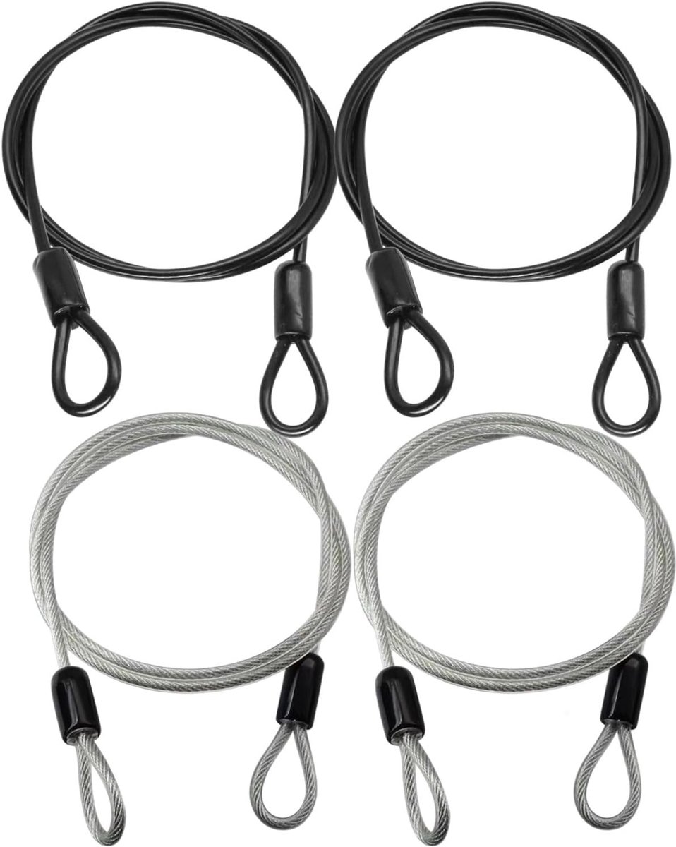 Veilige Ronde Kabel met Oogjes, RVS Veiligheidskabel 1 m voor Fietsen, Motoren en Grote Apparaten, Set van 4 Stuks in Zwart en Zilver