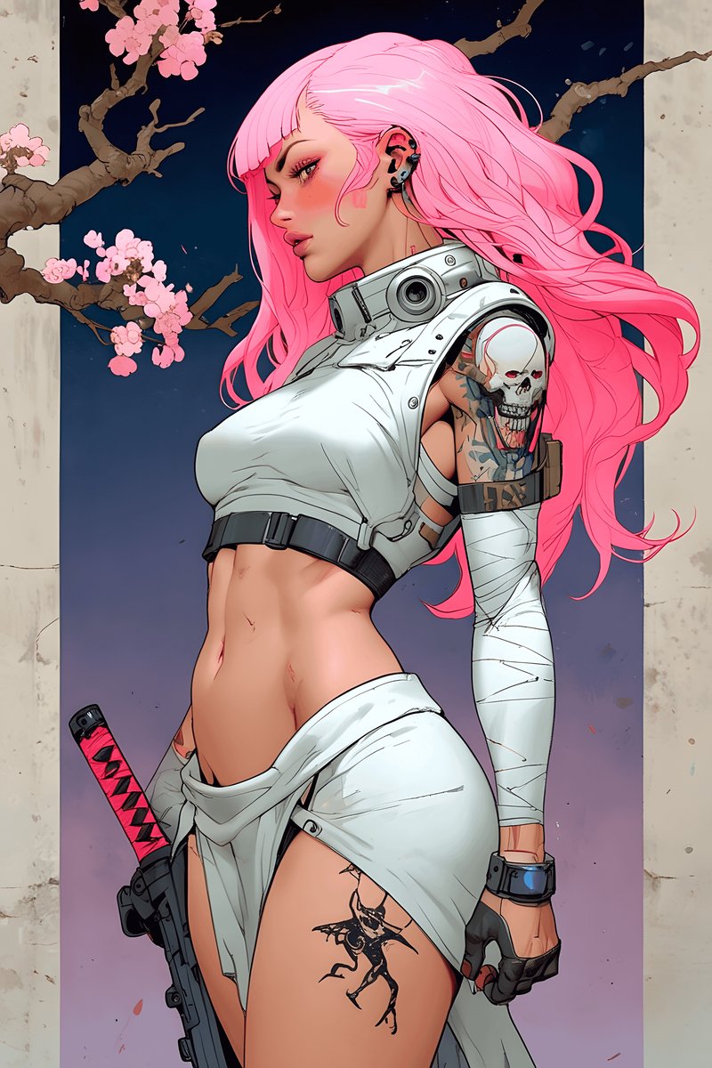 Roze Poster - Samurai - Meisje - Actie - Dynamisch - Kunst - posters - formaat 70x100cm - Wanddecoratie - L2766MT