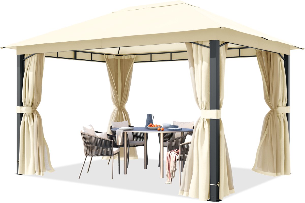 TOOLPORT Tuinpaviljoen 3x4 m, aluminium palen, dakdoek ca. 220 g/m², beige- met zijwanden en muggennetten